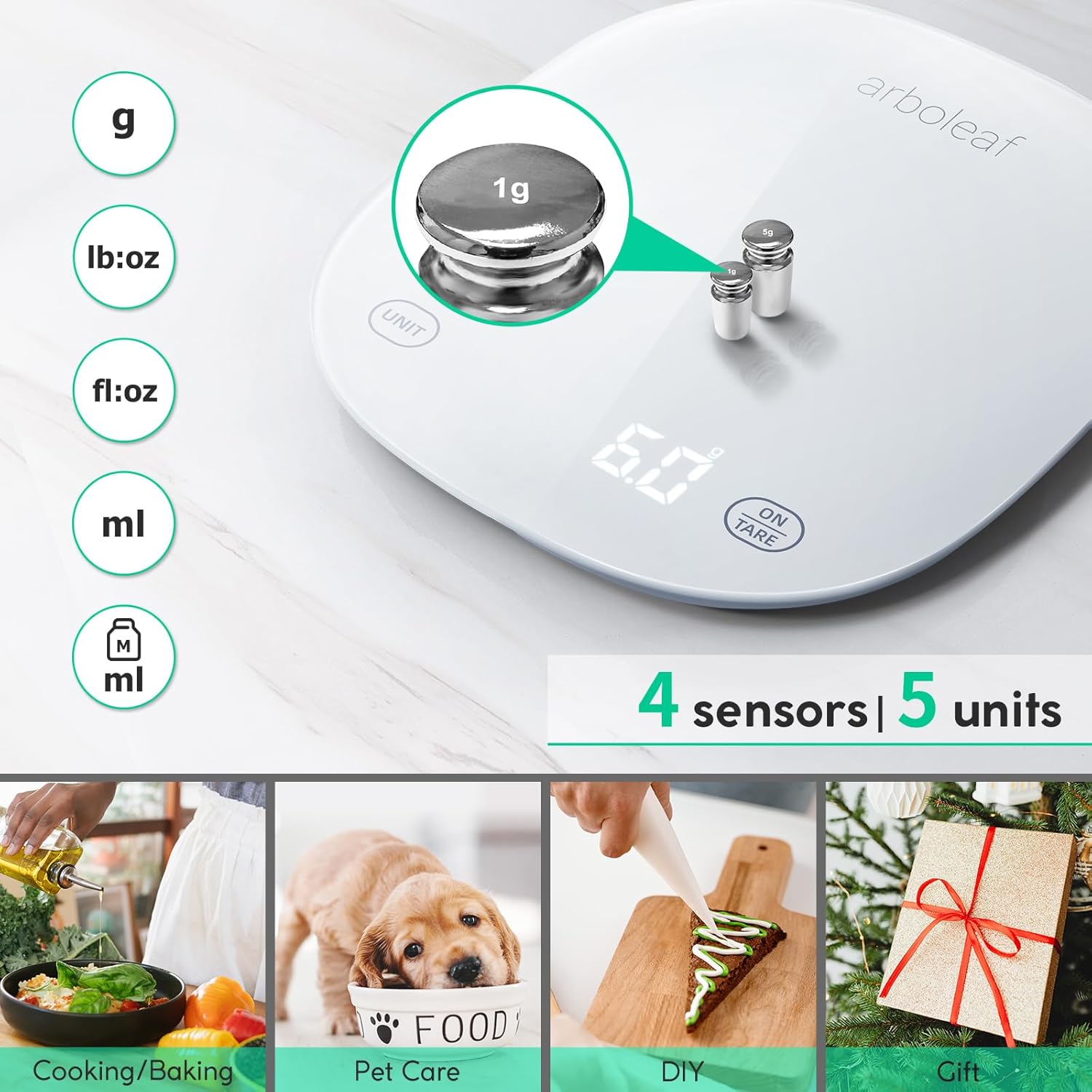 arboleaf Digitale Küchenwaage mit App, 10 kg / 0,5 g Küchenwaage Bluetooth mit Kalorienzähler, Ernährungswaage USB wiederaufladbar, grammgenaue Lebensmittelwaage mit Sicherheitsglas und Tara-Funktion (weiß) – Bild 5