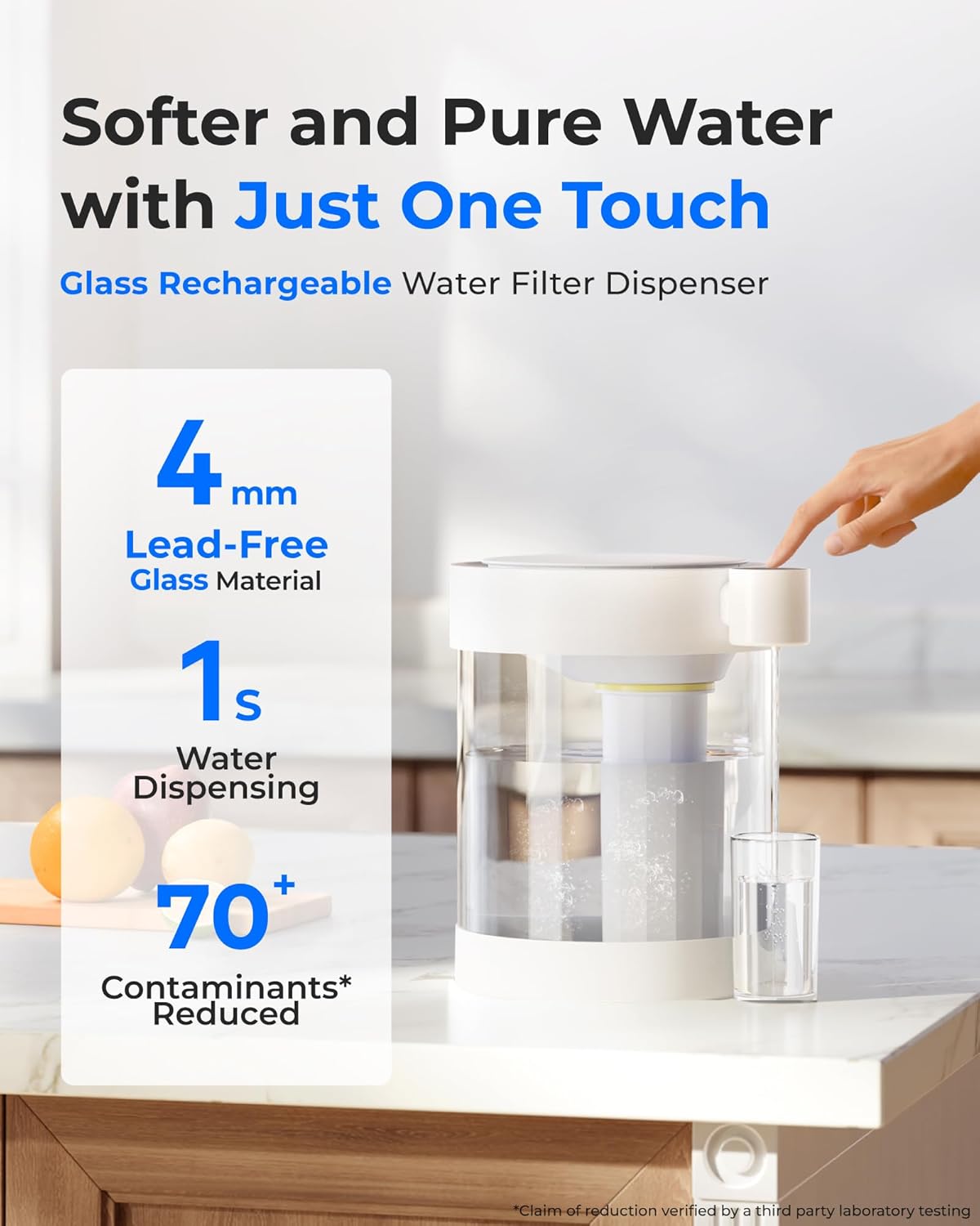 Waterdrop Glass wiederaufladbarer elektrischer Wasserfilterkrug, WD-ED12W, 5,3 l Wasserenthärter, Kalkfilter, 3 Monate sofortiger Wasserfilterspender, reduziert Kalzium, Magnesium und 70 Schadstoffe – Bild 2