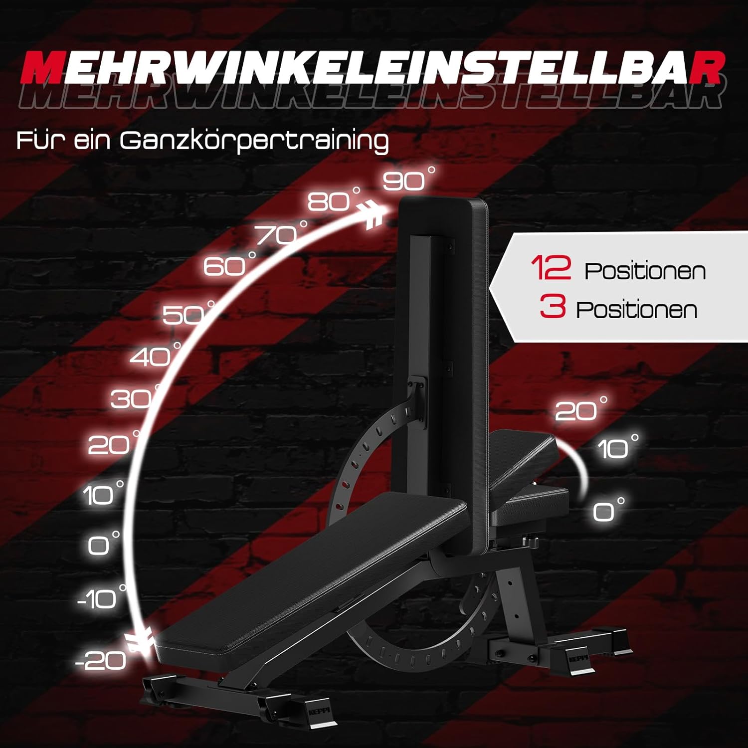 Keppi Bench3000 Max verstellbare Hantelbank mit 600 kg Tragkraft, strapazierfähig, verstellbar für Heimtraining, Schrägbank, Preacher-Pad und Trainingsbank mit Neigungs-/Abwärts-/Flachverstellung – Bild 5