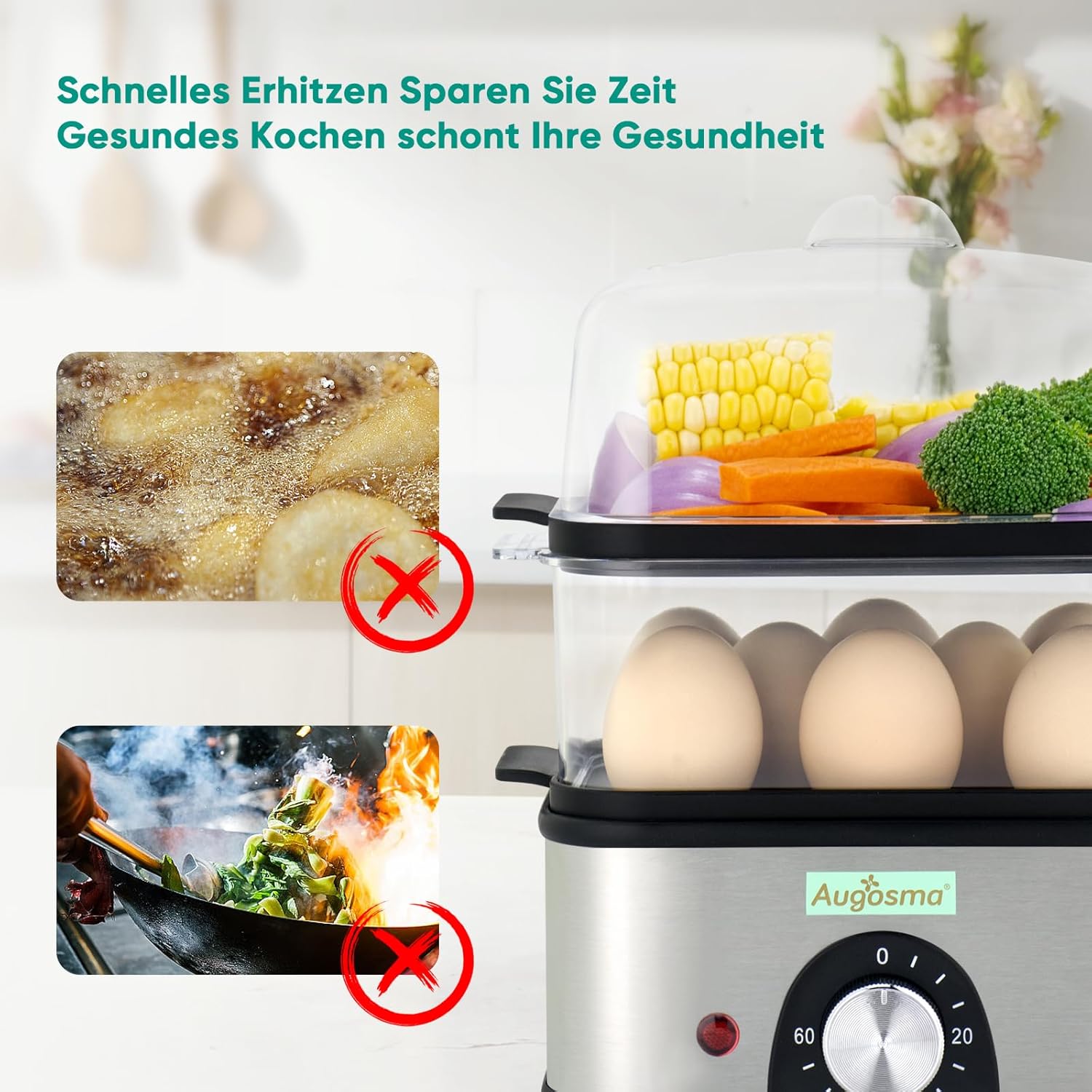 2-stufiger elektrischer Dampfgarer zum Kochen, Multi-Gemüsedampfgarer mit BPA-freien stapelbaren Körben, schneller Eierkocher mit automatischer Abschaltung, ideal für Gemüse, Meeresfrüchte – Bild 4