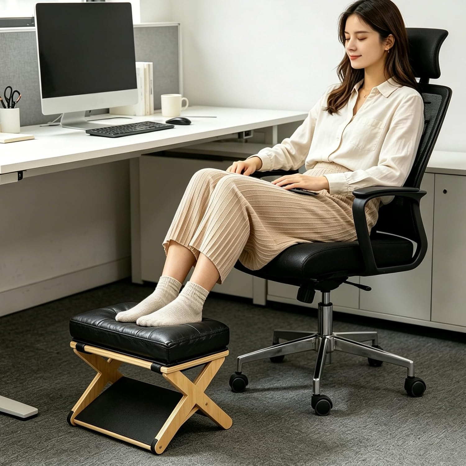 Yuragim 2-in-1 Fußstütze Schreibtisch Ergonomisch aus Holz mit abnehmbarem Polster, Fußablage Höhenverstellbar Rutschfest, Fußhocker Fußbank für Büro Home Office Wohnzimmer Schlafzimmer Schwarz – Bild 7