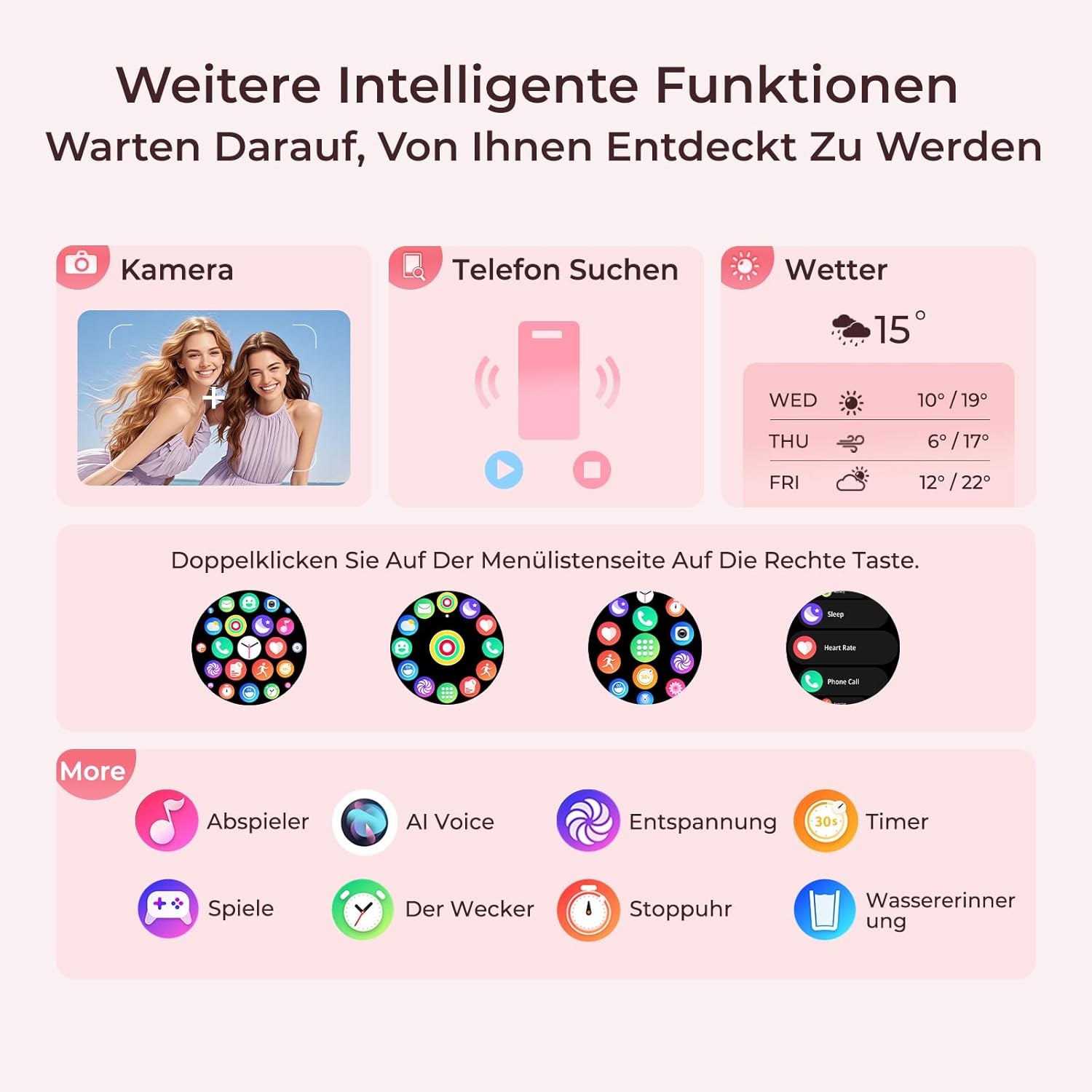 Damen-Smartwatch mit Telefonfunktion, 7,9 mm ultradünn, 1,32 Zoll AMOLED (1000 Nits/466 x 466), Fitnessuhr mit 2 Armbändern, 100+ Sportmodi, SpO2/Puls/Schlafmonitor, IP68 wasserdicht, iOS Android, Roségold – Bild 8