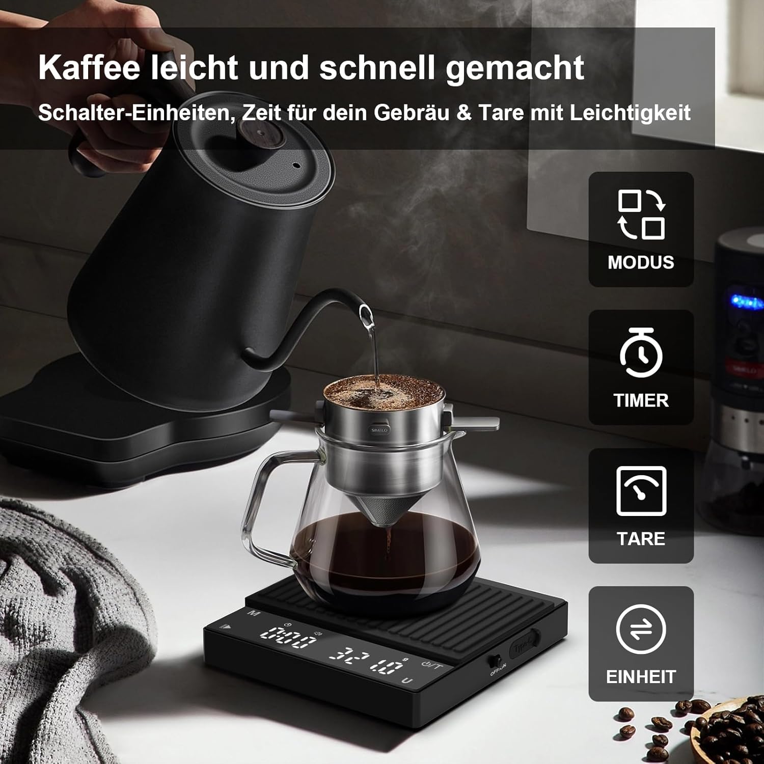 Diyife Wiederaufladbare Mini-Kaffeewaage mit Timer, tragbare Kaffeewaage, Heim-Espressowaage, Präzisionswaage, 2 kg, digitale Küchenwaage mit automatischer Zeitmessung, Touch-Bedienung – Bild 6