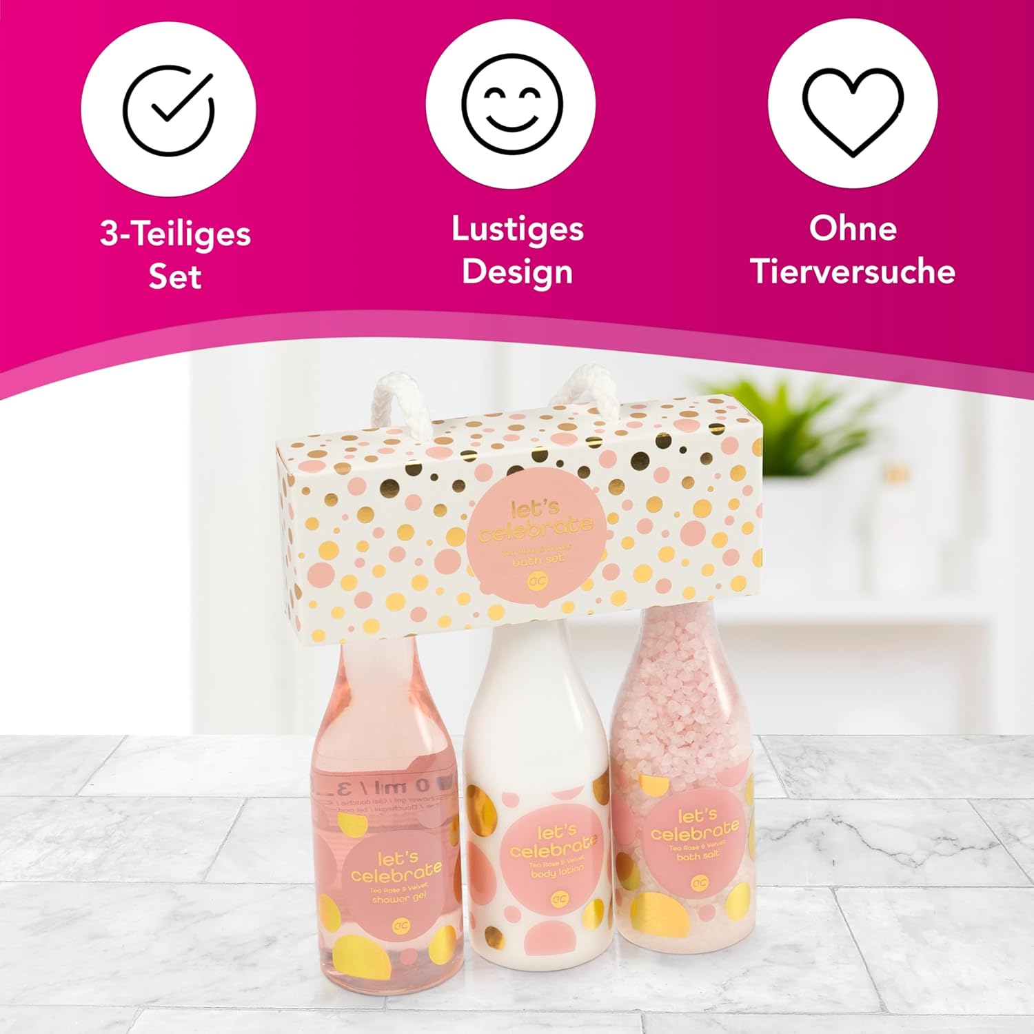 Accentra - Let's Celebration Damen-Geschenkset in Champagnerflasche aus Kunststoff – Bade- & Duschset mit Teerose & Samt inklusive Duschgel, Bodylotion & Badesalz – 3-teiliges Wellness-Set für Damen und Mädchen – Bild 3