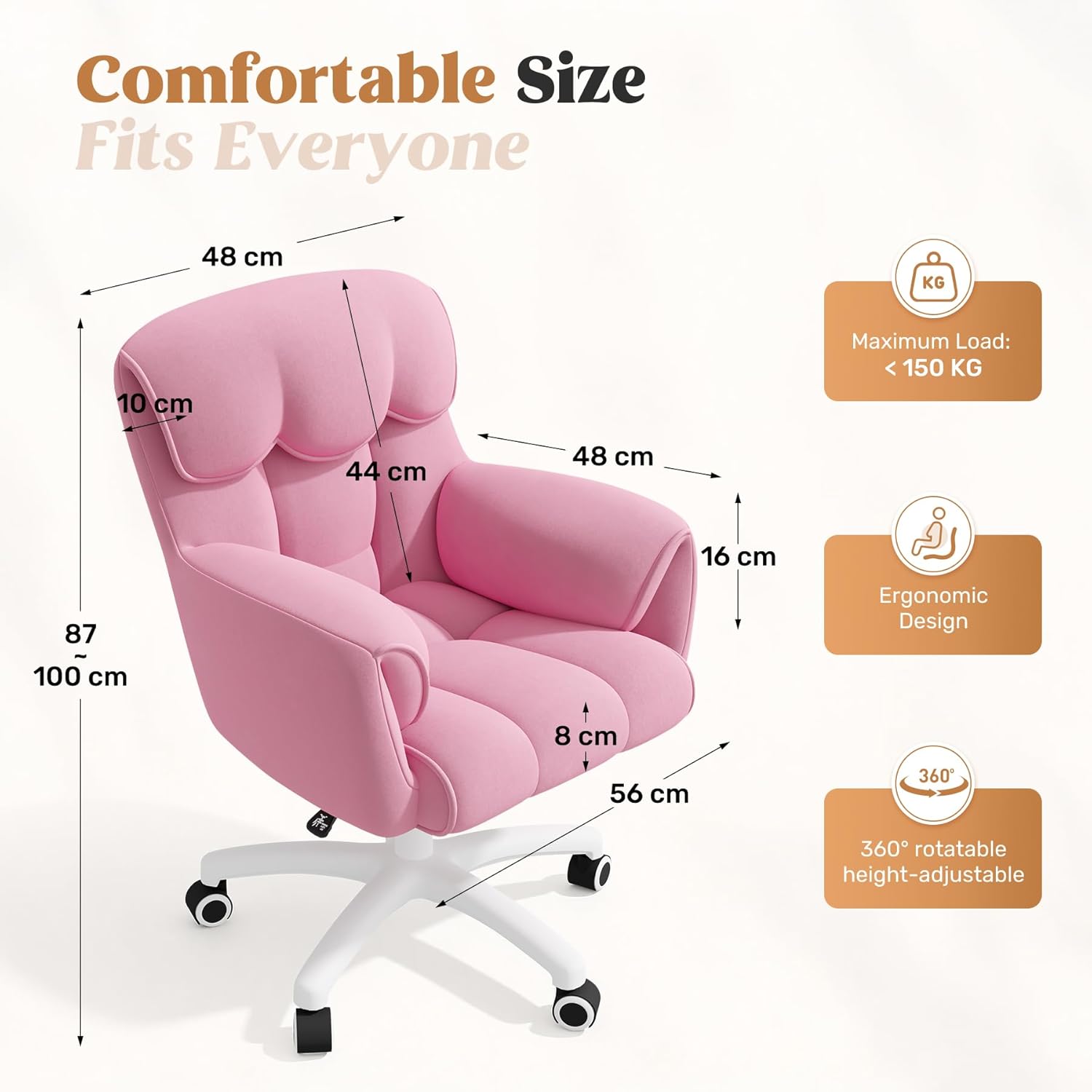Ergonomischer Bürostuhl, höhenverstellbarer Schreibtischstuhl mit Armlehnen, 360° drehbar, Samtbezug, für Home Office und Büro, belastbar bis 150 kg, Pink – Bild 2