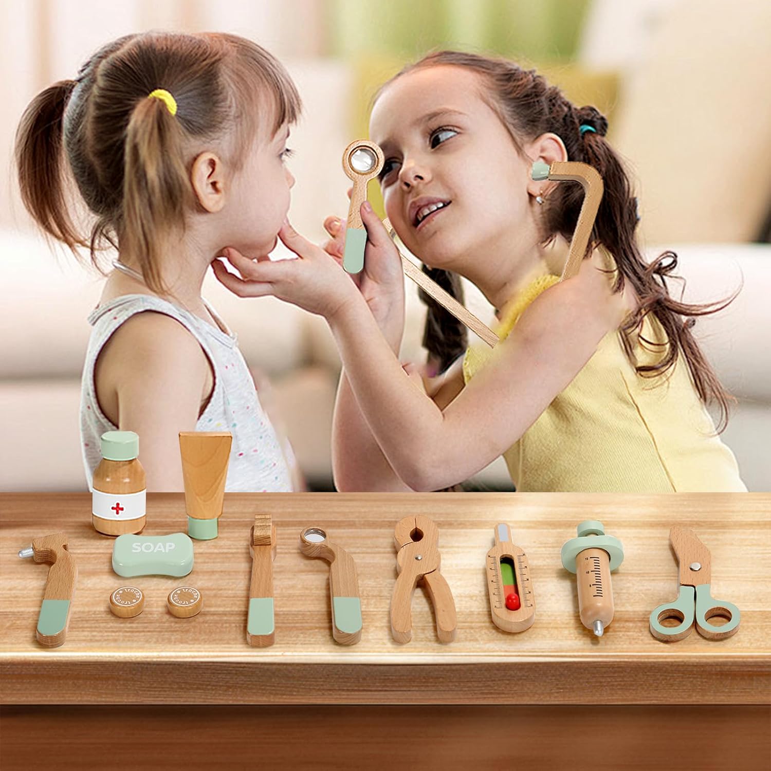 Arztkoffer, Kinderspielset aus Holz – mit Stethoskop, Blutdruckmessgerät und mehr, Arztkoffer Spielzeug für Rollenspiele, 19-teiliges Medizinset für Kinder ab 3, 4, 5 Jahren – Bild 7