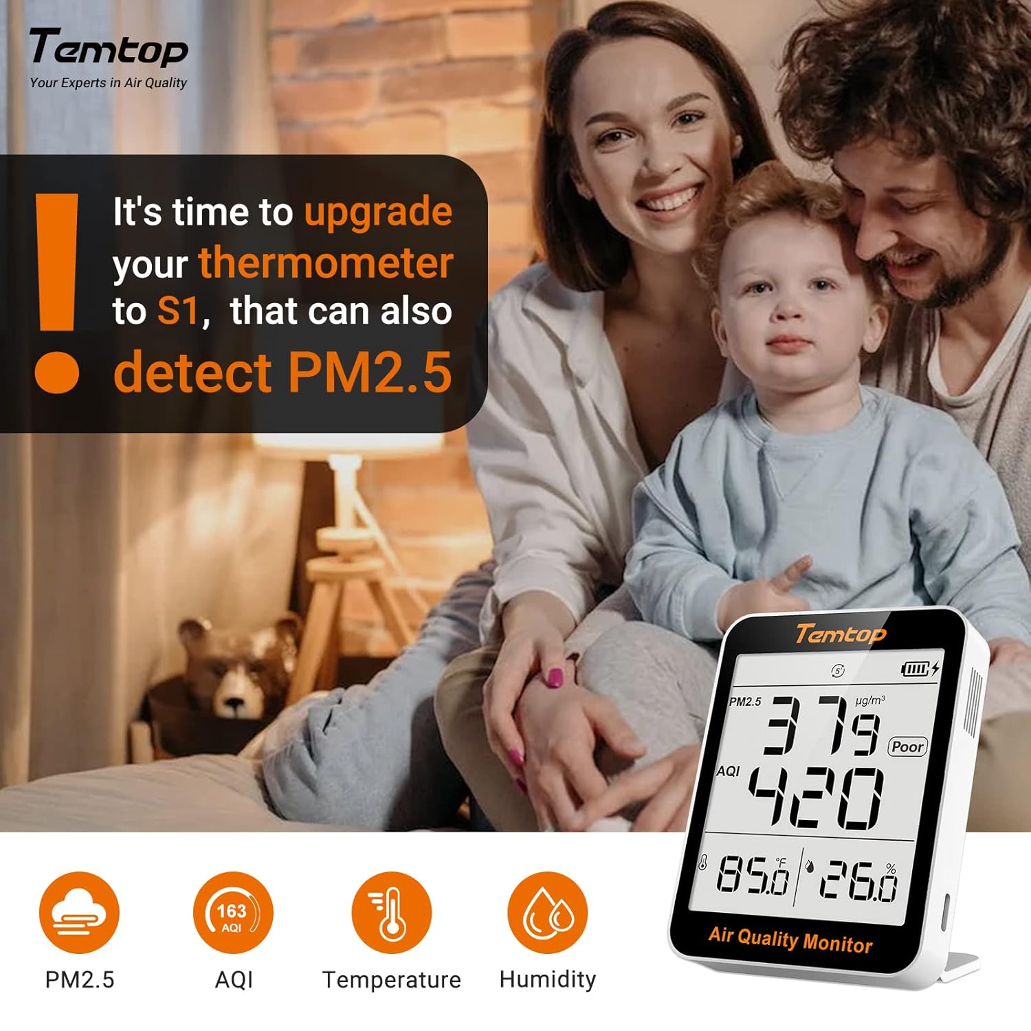 Temtop S1 Luftqualitätsmessgerät mit PM2,5-, AQI- und Temperatur-Feuchtigkeitserkennung, extrem lange Batterielebensdauer von 60 Tagen, ideal für Zuhause und Büro – Bild 3