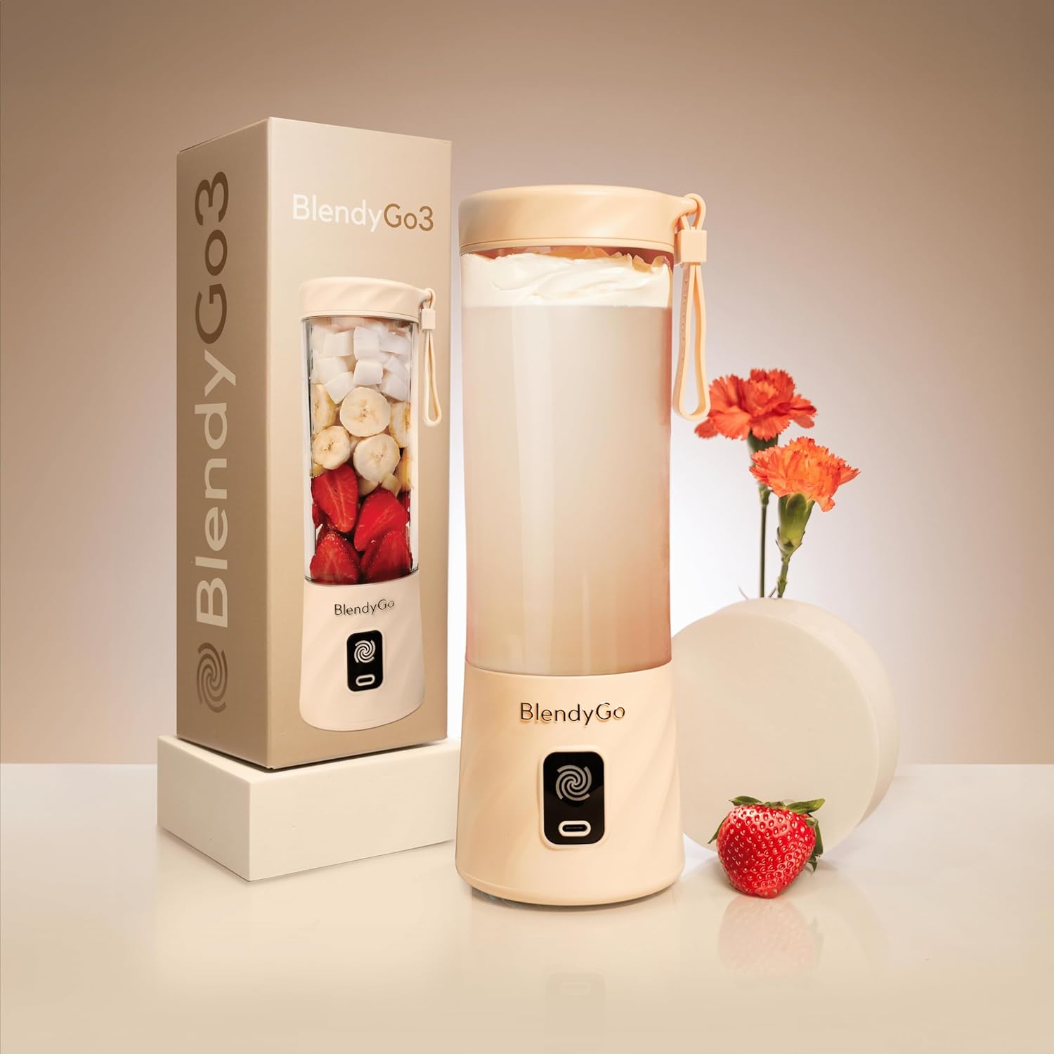 BlendyGo 3 Tragbarer Mixer, Standmixer, Mini-Standmixer, 550 ml, Smoothie Maker, Mixer Smoothie Maker to Go, kabellos, zerkleinert Eis und Obst, BPA-frei, PulseMotion & BlendPro (Beige) – Bild 2