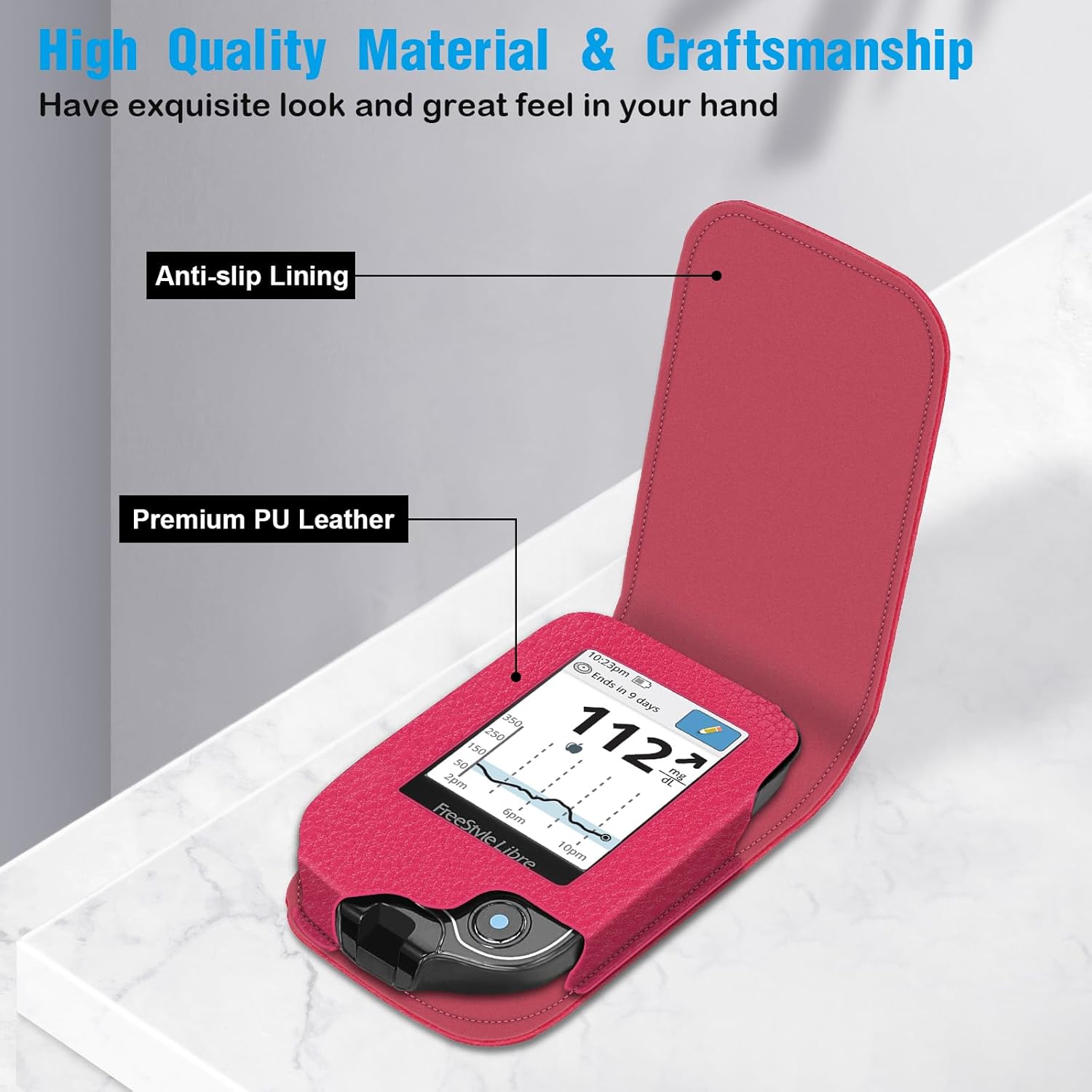 MEDMAX Hülle für Freestyle Libre 3/2 / Libre Reader Blutzuckermessgerät, Tasche mit Nackenhalter zum Umhängen, Kunstleder Schutzhülle mit Karabinerhaken für Diabetiker, (Rose Red) – Bild 3