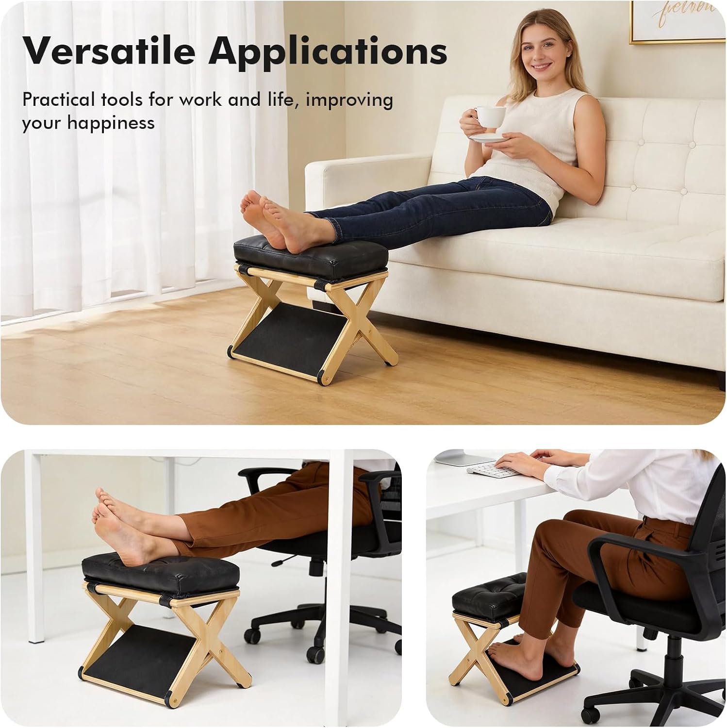 2-in-1 Fußstütze Schreibtisch, Höhenverstellbarer Fußhocker, Ergonomischer Fußhocker aus Holz mit Weichem, Rutschfester Fußhocker für Büro Auto, Ottoman Fußstütze Stuhl für Vanity – Bild 7