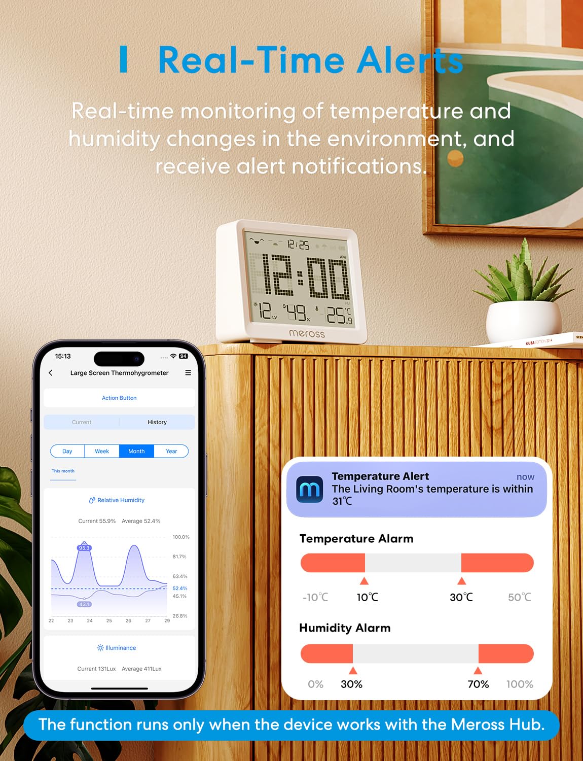 Meross 10-in-1 mattes Hygrometer-Innenthermometer, WLAN-Thermometer mit Taupunkt/VPD, intelligenter LCD-Temperatursensor und mattem Hub, kompatibel mit Apple HomeKit, Home Assistant, Alexa, Google Home – Bild 6