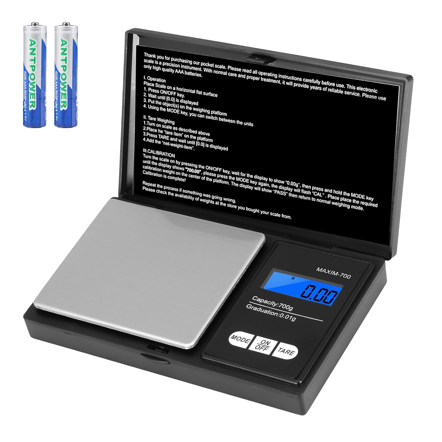 Oderra Präzisionswaage 700 g x 0,01 g, tragbare Schmuckwaage mit LCD-Display, inklusive 2 Batterien, geeignet für Schmuck, Gold, Kaffee und Lebensmittel