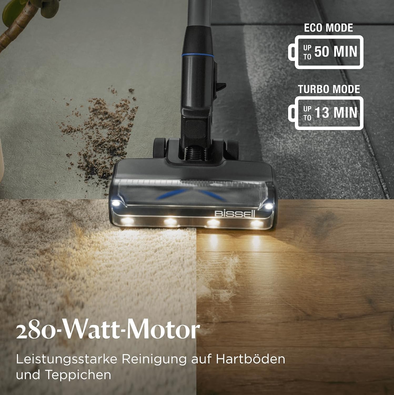 Bissell PowerClean FurGuard, Akku-Staubsauger, 280-W-Motor, selbstreinigende Bürstenrolle, FurFinder-Licht, kabelloser Staubsauger, freistehend, HEPA-Filter, 2500-mAh-Ersatzakku, 50 Min. Laufzeit, 4091N – Bild 7