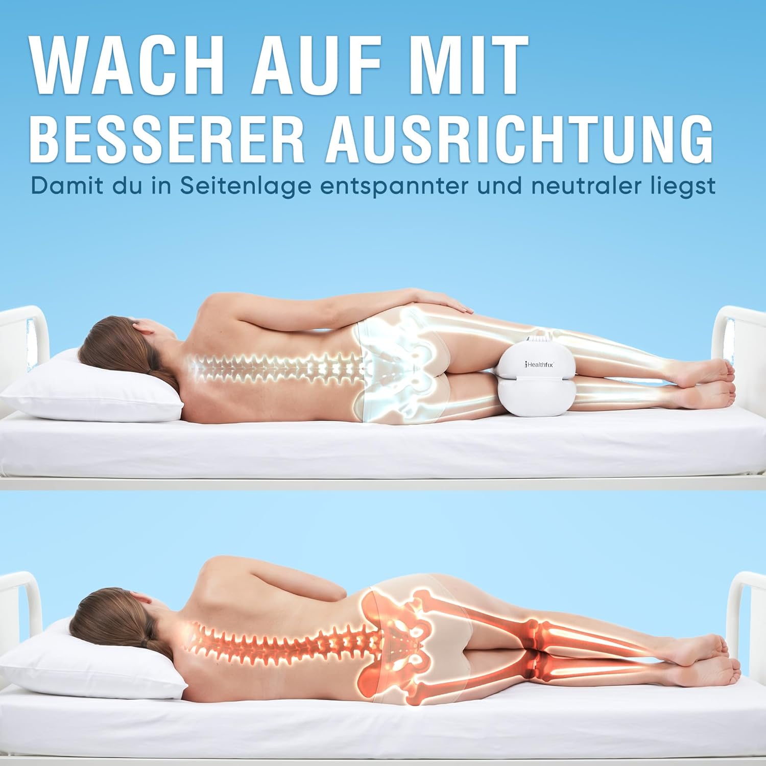 Healthfix Kniekissen für Seitenschläfer, orthopädisches Beinkissen zum Schlafen mit Gurt, 2 Stück, Memory-Schaum, kühlender, waschbarer Bezug (weiß) – Bild 3