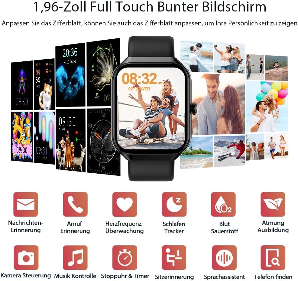 Motast 2026 Smartwatch Damen Herren, 1,96 Zoll Smartwatch, Telefonfunktion, 115+ Sportmodi, Schrittzähleruhr, Herzfrequenz/SpO2/Schlafmonitor, Fitnessuhr, IP68 wasserdichte Sportuhr für Android iOS – Bild 7