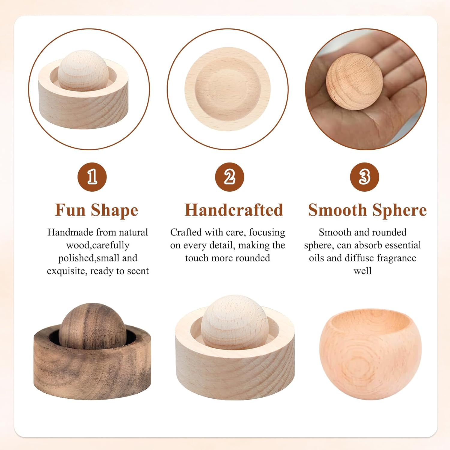 7er-Pack Diffusorkugeln aus Holz für ätherische Öle, rundes Naturholz, Diffusorkugel für ätherische Öle, handgefertigte Aromatherapie-Dekorationen und Wackelball, kugelförmiges Design, für Fahrzeuge und Innenräume – Bild 4