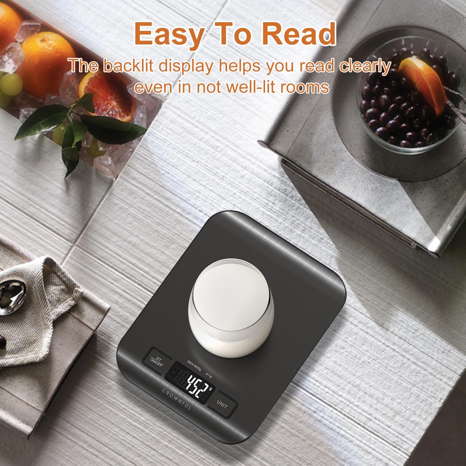 CROWNFUL Digitale Küchenwaage, 5 kg Digitale Küchenwaage mit LCD-Display, Gewicht Unzen und Gramm zum Kochen und Backen, 6 Einheiten mit Tara-Funktion, 304 Edelstahl (Schwarz) – Bild 7