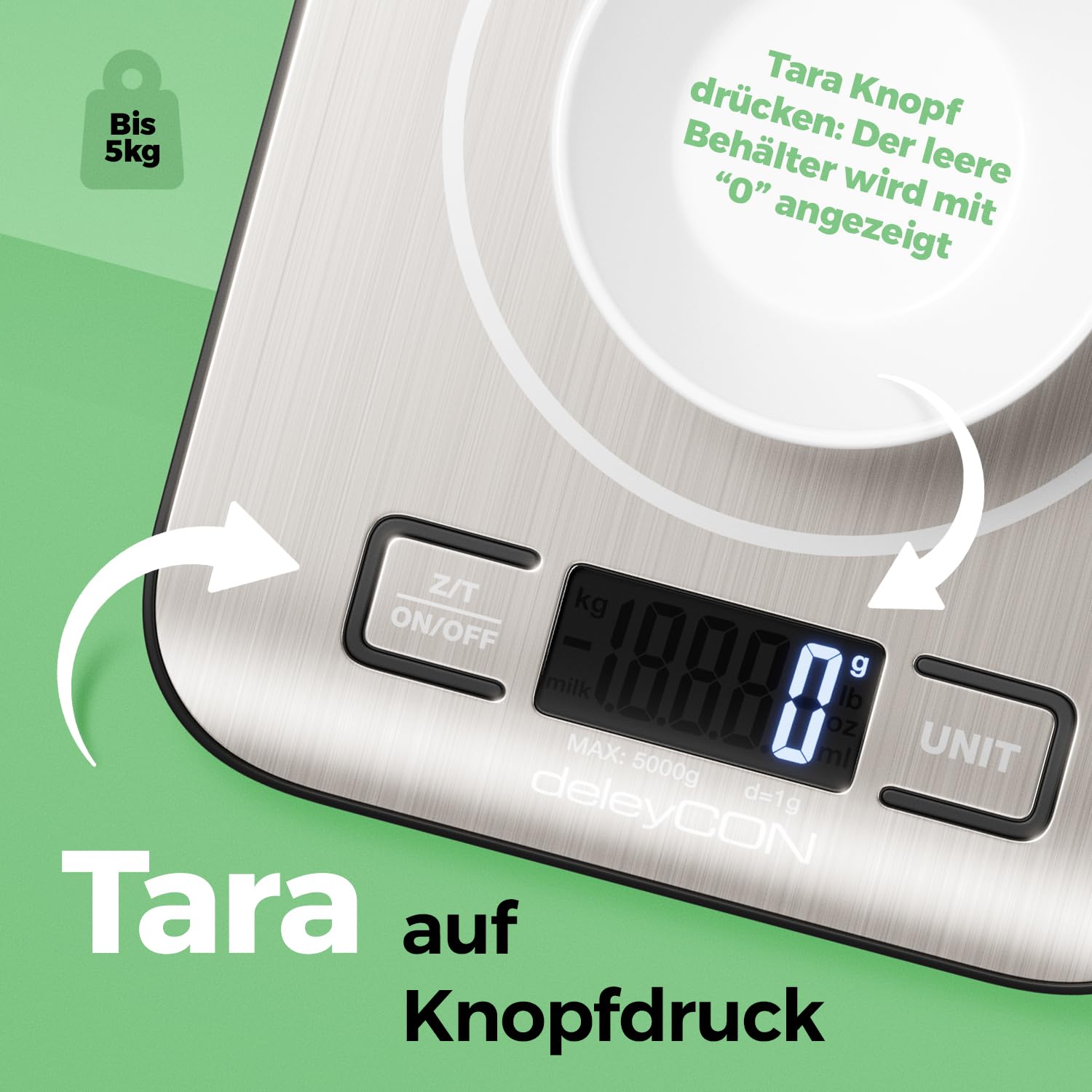 deleyCON Digitale Küchenwaage, LCD-Display, Tarafunktion (mit Batterien) bis 5 kg, Digitalwaage, Buchstabenwaage, genau auf 1 g, Backen, Kochen, Messen von Zutaten, Diät, Fitness, Schmuck, klein und flach, Silber – Bild 3