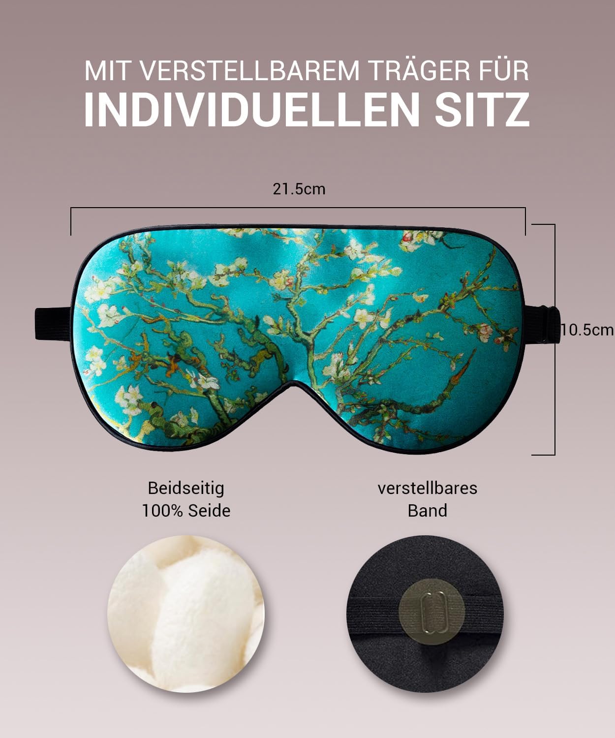 Schlafmaske aus 100 % Maulbeerseide mit Reisetasche. Beidseitig echte 19 Momme Seide, verstellbare Augenmaske für Frauen, grün geblümt – Bild 6