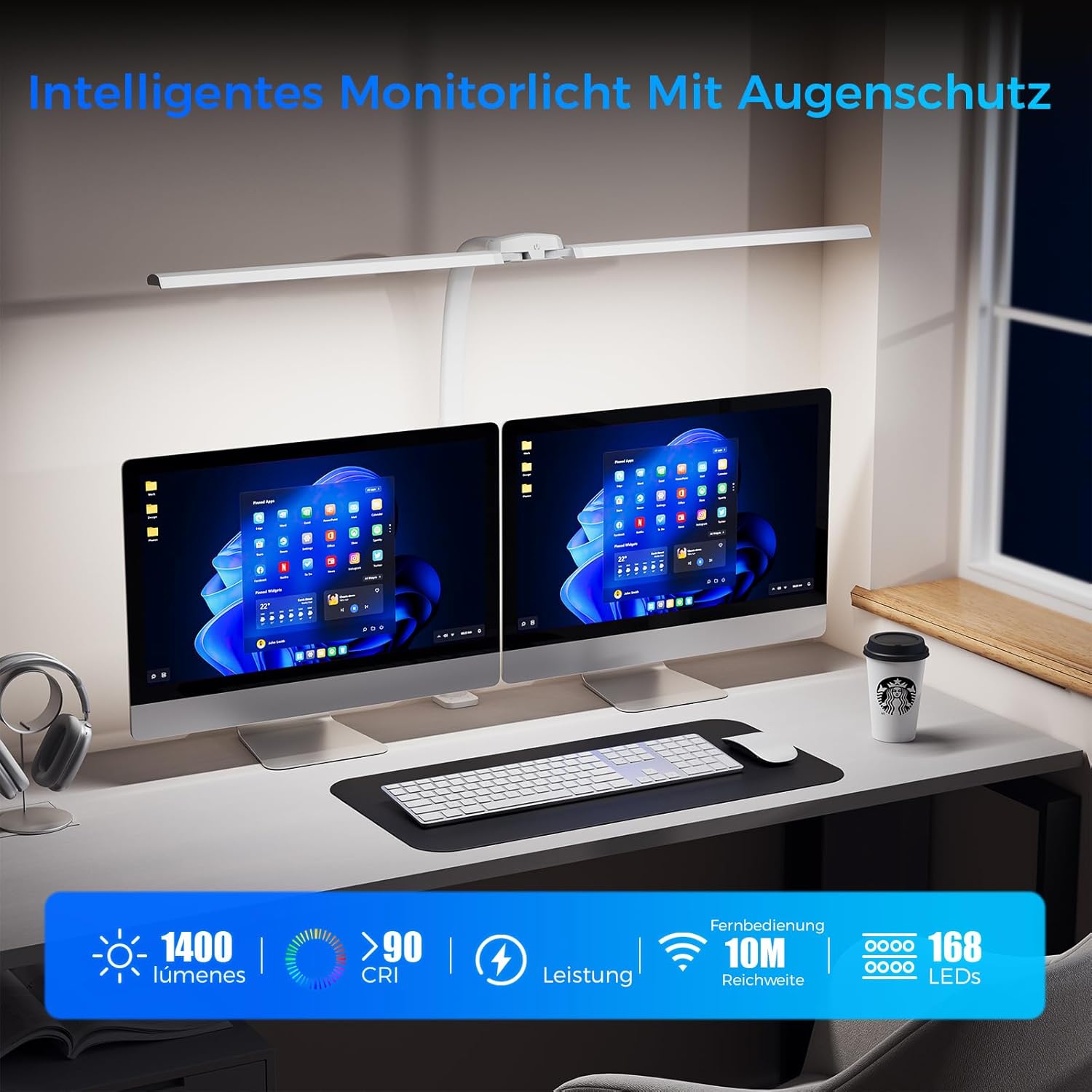 Schreibtischlampe LED Dimmbar - 1400LM 24W Doppelkopf Klemmbar Büroschreibtischlampe mit Fernbedienung 80CM Schwanenhals Schreibtischlampe Tageslichtlampe mit Ladefunktion Weiß W01 – Bild 10