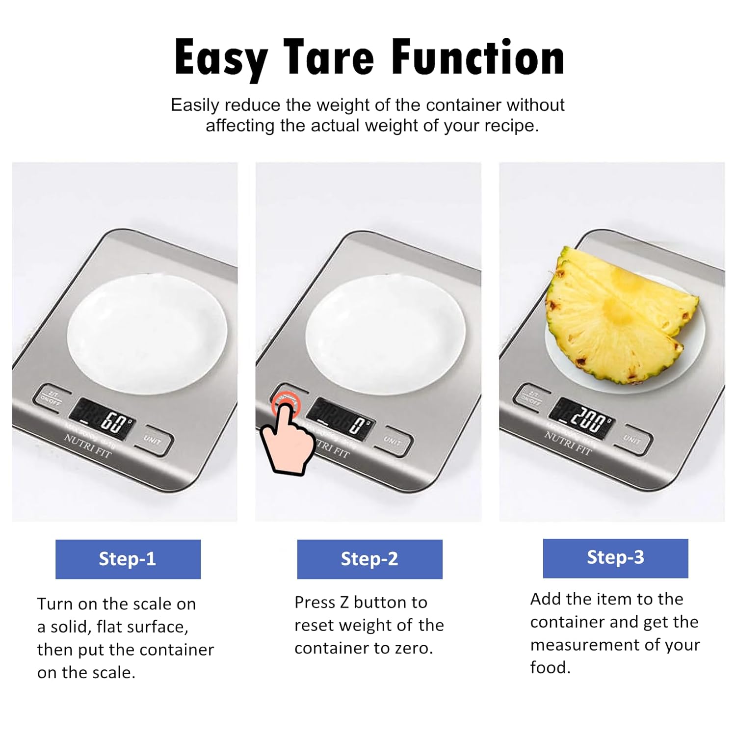 NUTRI FIT Digitale Küchenwaage aus Edelstahl, ultraflache elektronische Kochwaage Lebensmittelwaage, 4 Einheiten, 5kg/11lb, LCD-Anzeige, AAA Batterien-Silbergrau – Bild 6