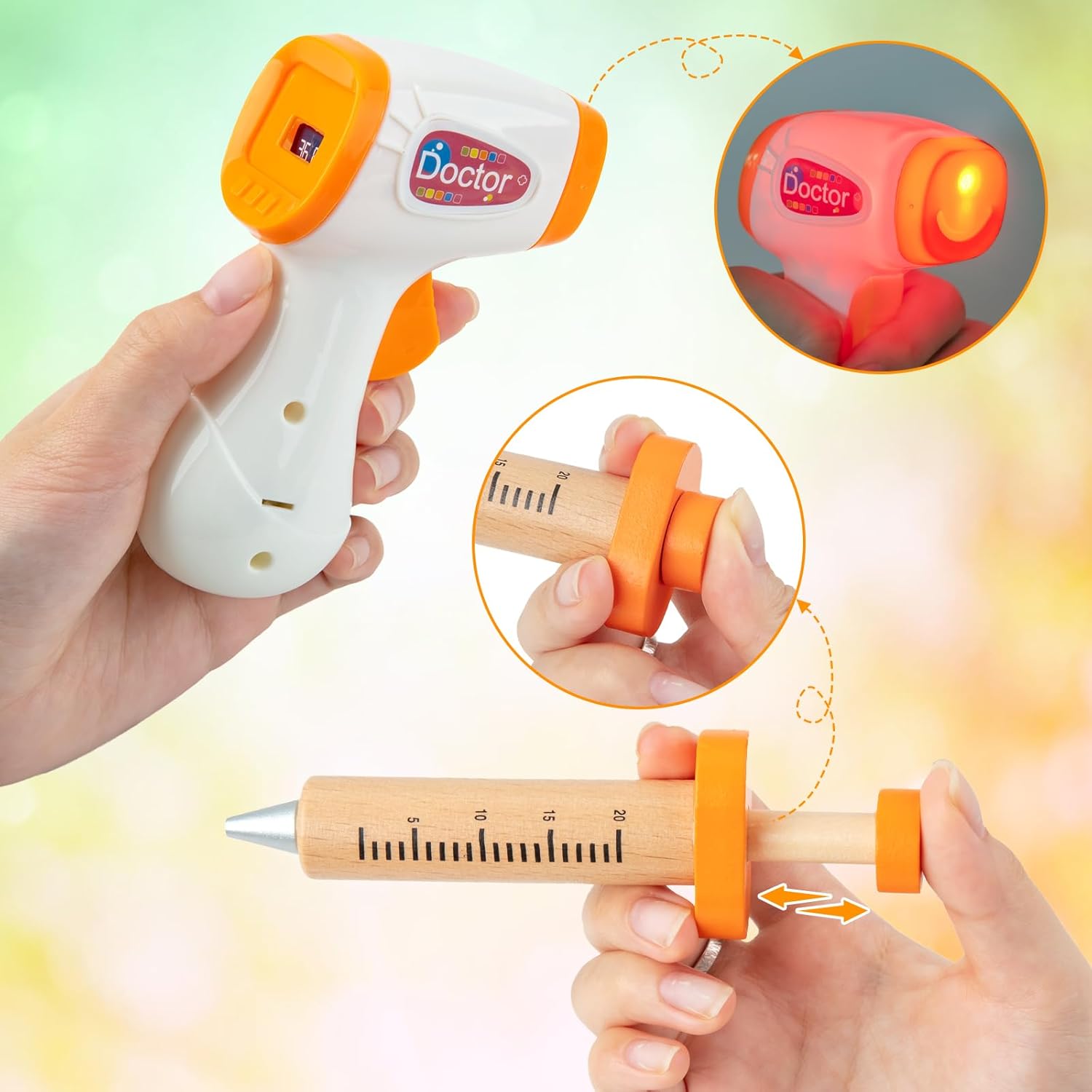 EFO SHM Kinder-Arztkoffer aus Holz, 34-teiliger Arztkoffer, Kinder mit Stethoskop, Spritze, Thermometer, tragbare Arzttasche, Rollenspiel, Kinderarztspiele Spielzeug ab 3 Jahren – Bild 7