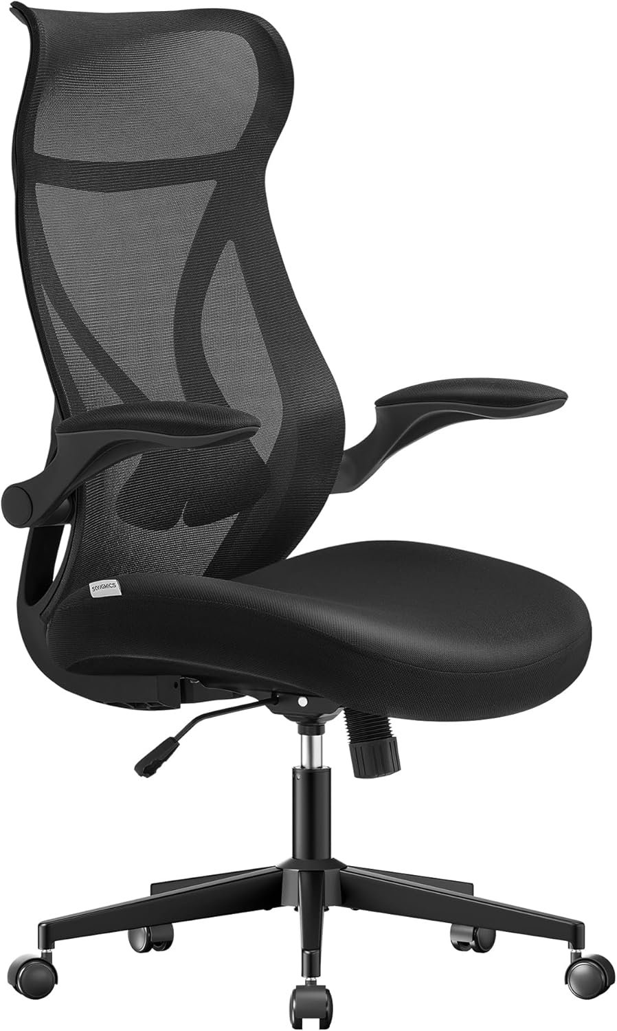SONGMICS OBN088B01 Bürostuhl, ergonomische Rückenlehne, höhenverstellbar, hochklappbare Armlehnen, drehbarer Schreibtischstuhl mit Kopfstütze, belastbar bis 150 kg, Tintenschwarz