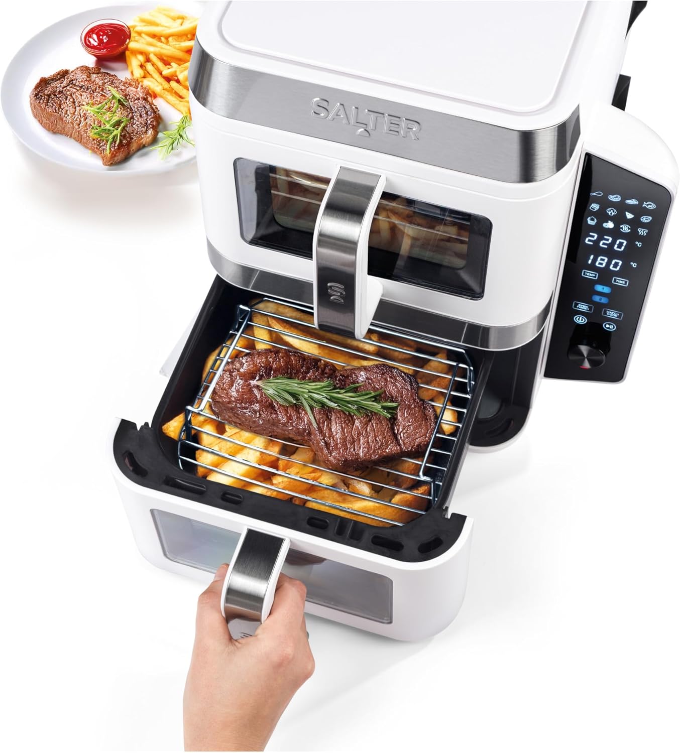 Salter VertiCook View Heißluftfritteuse – vertikale Doppelschublade, Kochen auf 4 Ebenen, XL 9 l Fassungsvermögen – 2 x 4,5 l Körbe, 2 Schubladen und 2 Gestelle, platzsparend, 12 Funktionen, Sync & Match, PFAS-frei, Weiß – Bild 7
