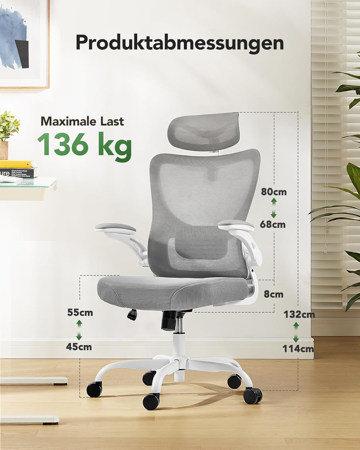Marsail Ergonomischer Bürostuhl, Schreibtischstuhl mit hoher Netzrückenlehne und verstellbarer Lendenwirbelstütze, drehbarer Arbeitsstuhl für Arbeitsaufgaben mit Rollen, 3D-Armlehnen und Kopfstütze – Bild 2