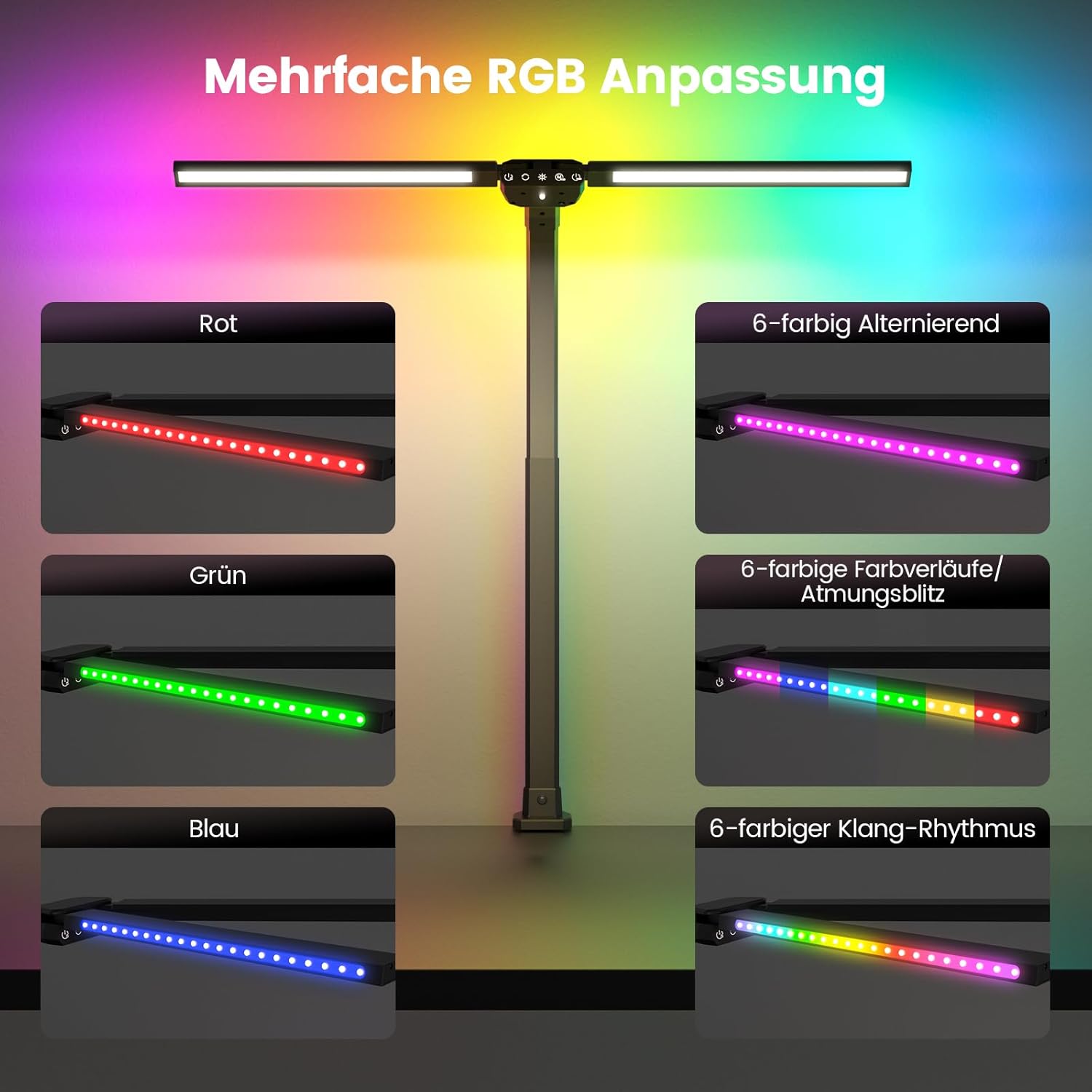 SIBRILLE RGB Doppelkopf Schreibtischlampe LED Dimmbar 22W 80cm Klemmbare Tageslichtlampe mit Fernbedienung, Drehbare Tischlampe Augenschutz Schwanenhals Büro Monitorlampe (5 Farbtemperaturen) – Bild 3