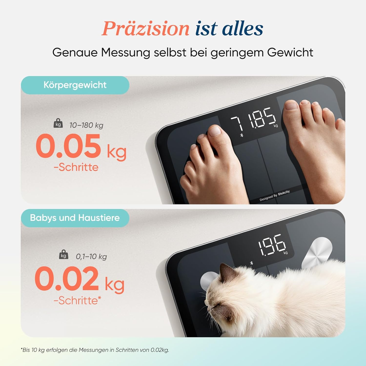 Etekcity Körperfettwaage - Personenwaage Digital mit 0,02 kg Genauigkeit - Bluetooth mit App für Fitness - Körperwaage zur Messung von Körperfett,BMI,Muskelmasse,Protein,BMR-Tiefschwarz-28 x 28 cm – Bild 4