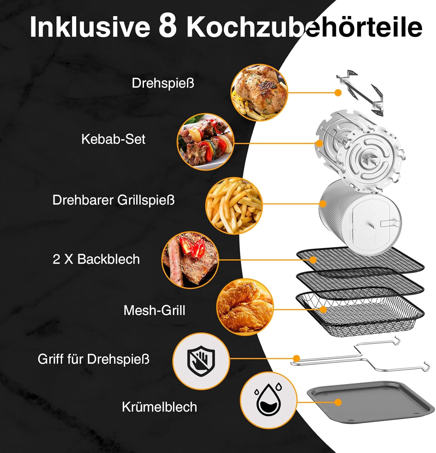 12L Heißluftfritteuse, 12-in-1-Heißluftfritteuse mit 8 Zubehörteilen, Backofen, Grill, Dörrgerät, 1800-W-Luftfritteuse ohne Öl mit 2 großen Sichtfenstern, 80-200 °C, Schwarz – Bild 2