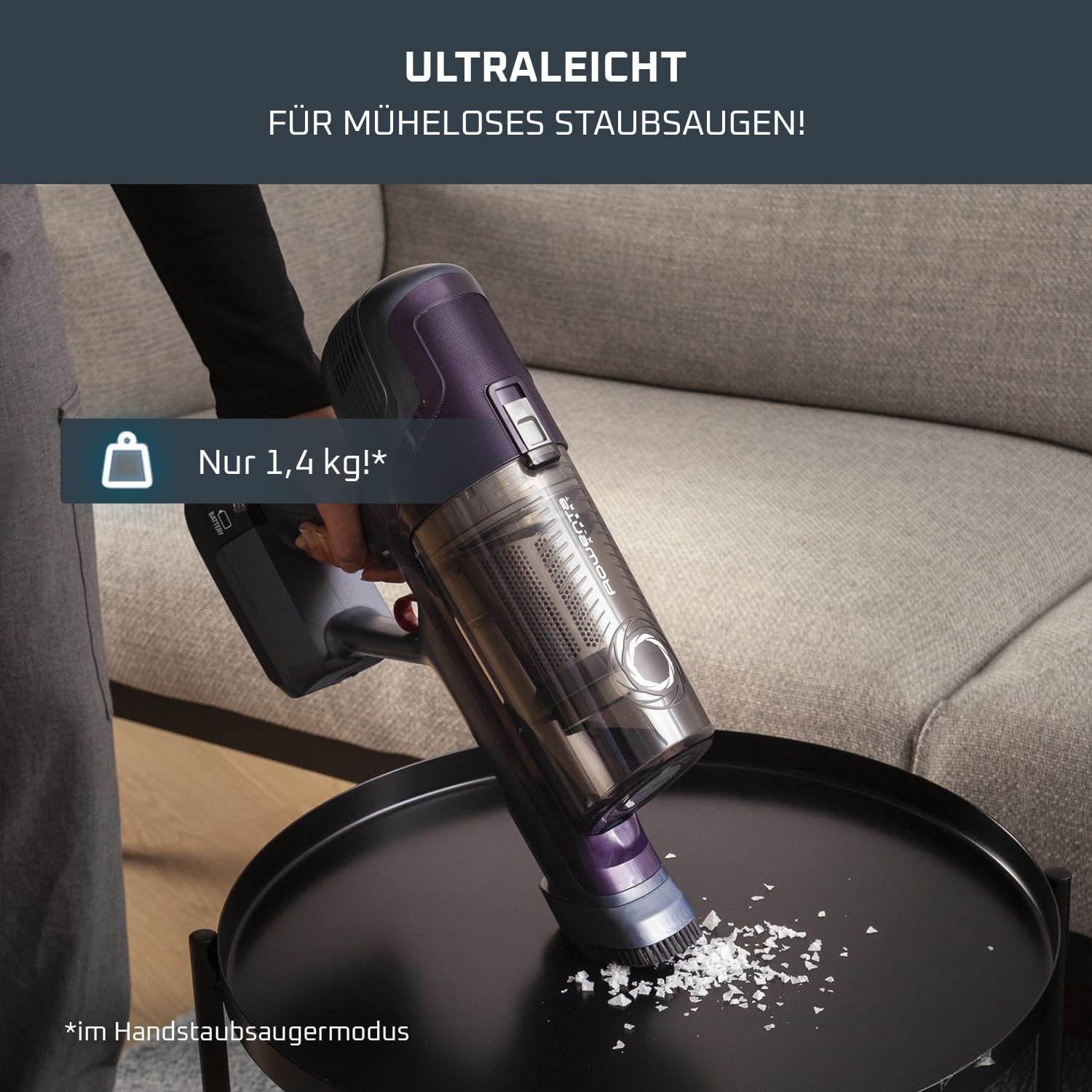 Rowenta X-Pert 6.60 Essential Akku-Staubsauger, 100 W Leistung, 45 Minuten Laufzeit, kabellos und beutellos, LED-Bürstenkopf, abnehmbarer Akku, inklusive Fugendüse und Wandhalterung, Lila/Schwarz, RH6838 – Bild 7