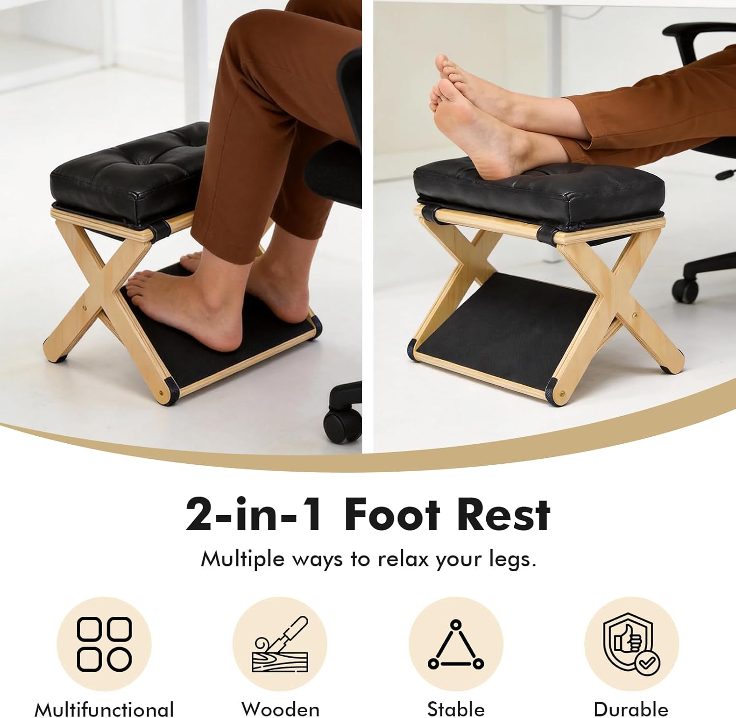 2-in-1 Fußstütze Schreibtisch, Höhenverstellbarer Fußhocker, Ergonomischer Fußhocker aus Holz mit Weichem, Rutschfester Fußhocker für Büro Auto, Ottoman Fußstütze Stuhl für Vanity – Bild 2