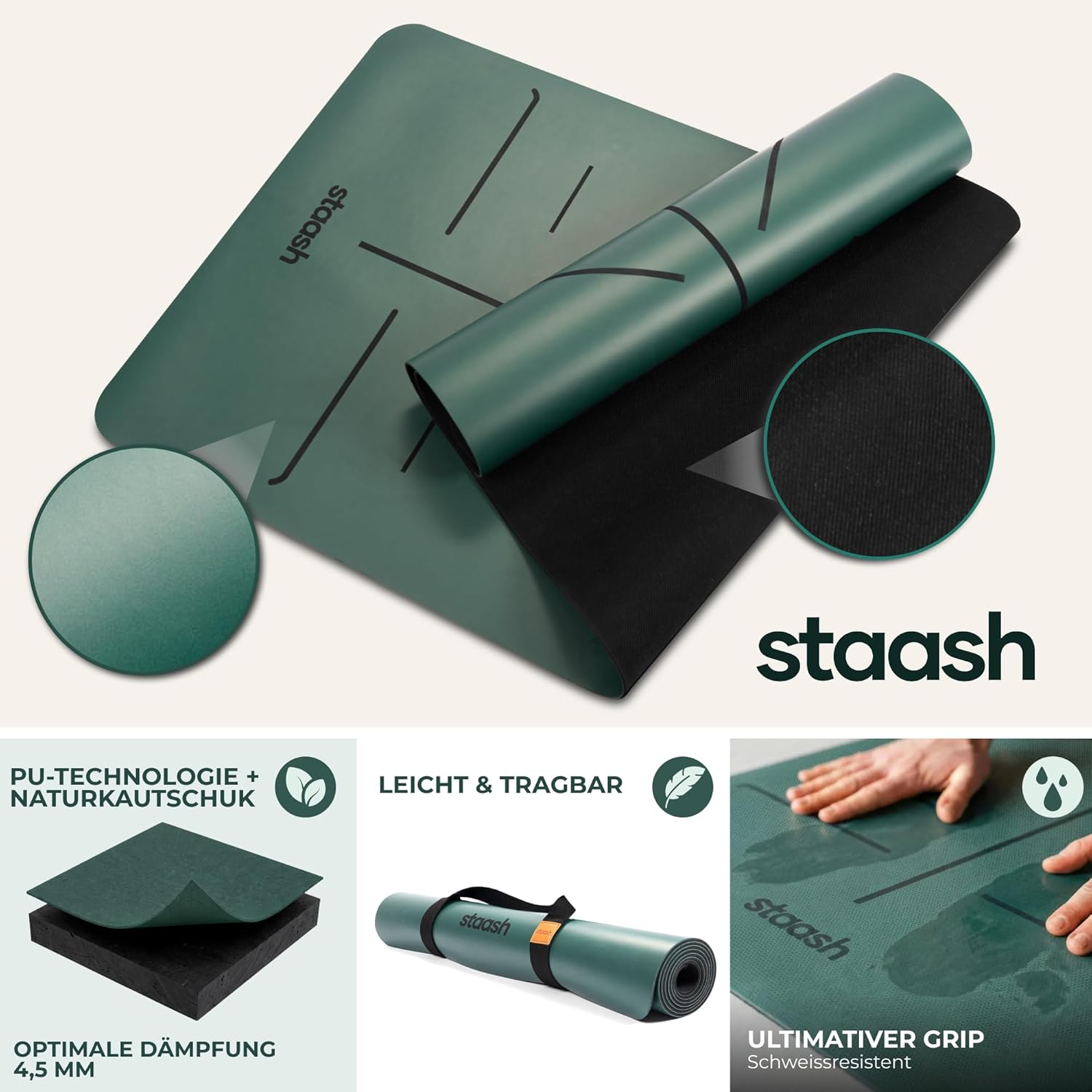 STAASH Premium Yoga Set – Yogamatte aus PU & Naturkautschuk + Mikrofasertuch + Yogagurt + Handpolster – Ultra Grip, umweltfreundlich & Studioqualität für anspruchsvolle Yogis – Bild 2