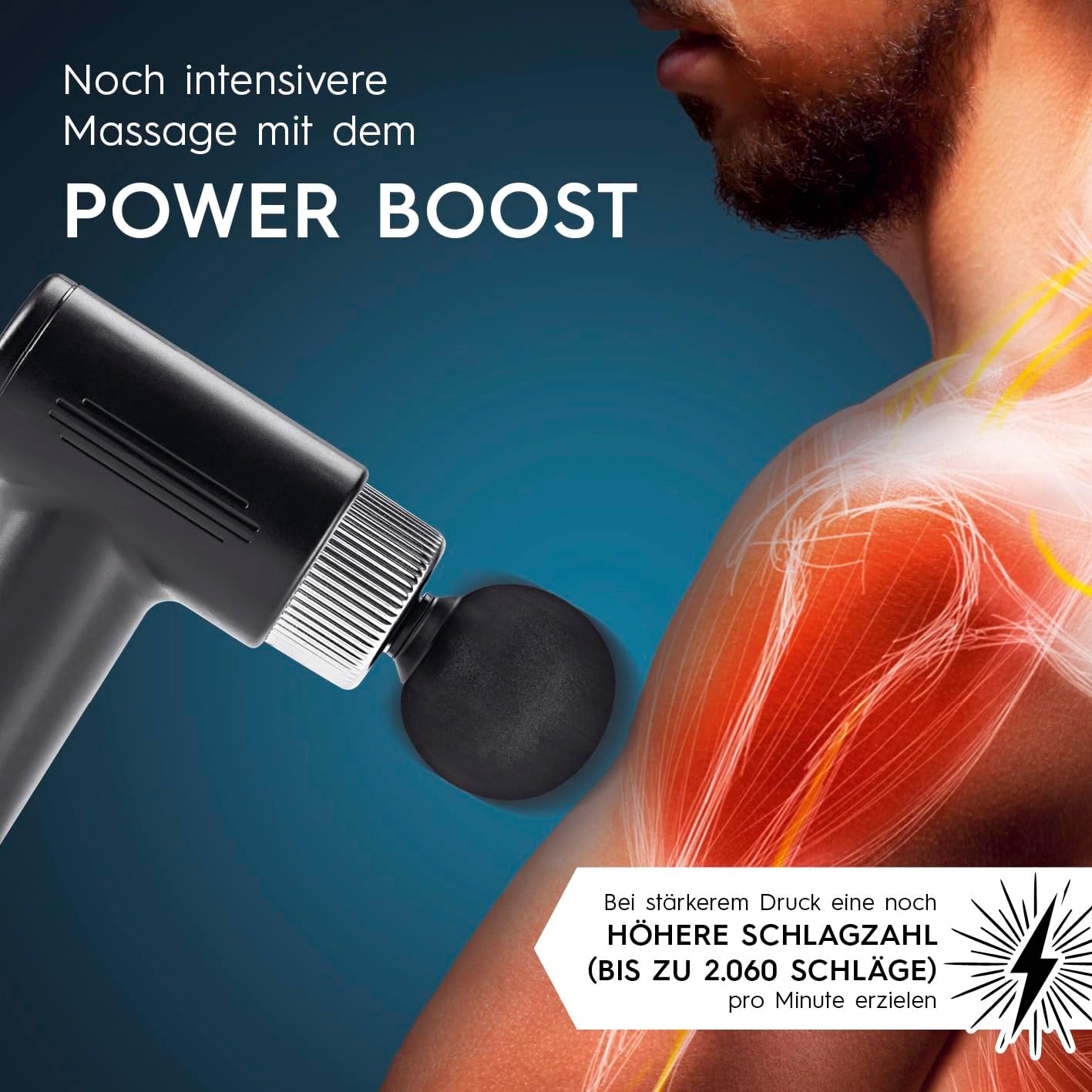 VITALmaxx Massagepistole mit 6 Stufen | Massagegerät mit 4 Aufsätzen | Batteriebetrieben bis zu 90 Minuten Laufzeit und wiederaufladbar über USB-C | Besonders leicht und handlich für Reisen und Sport (Schwarz/Silber) – Bild 5