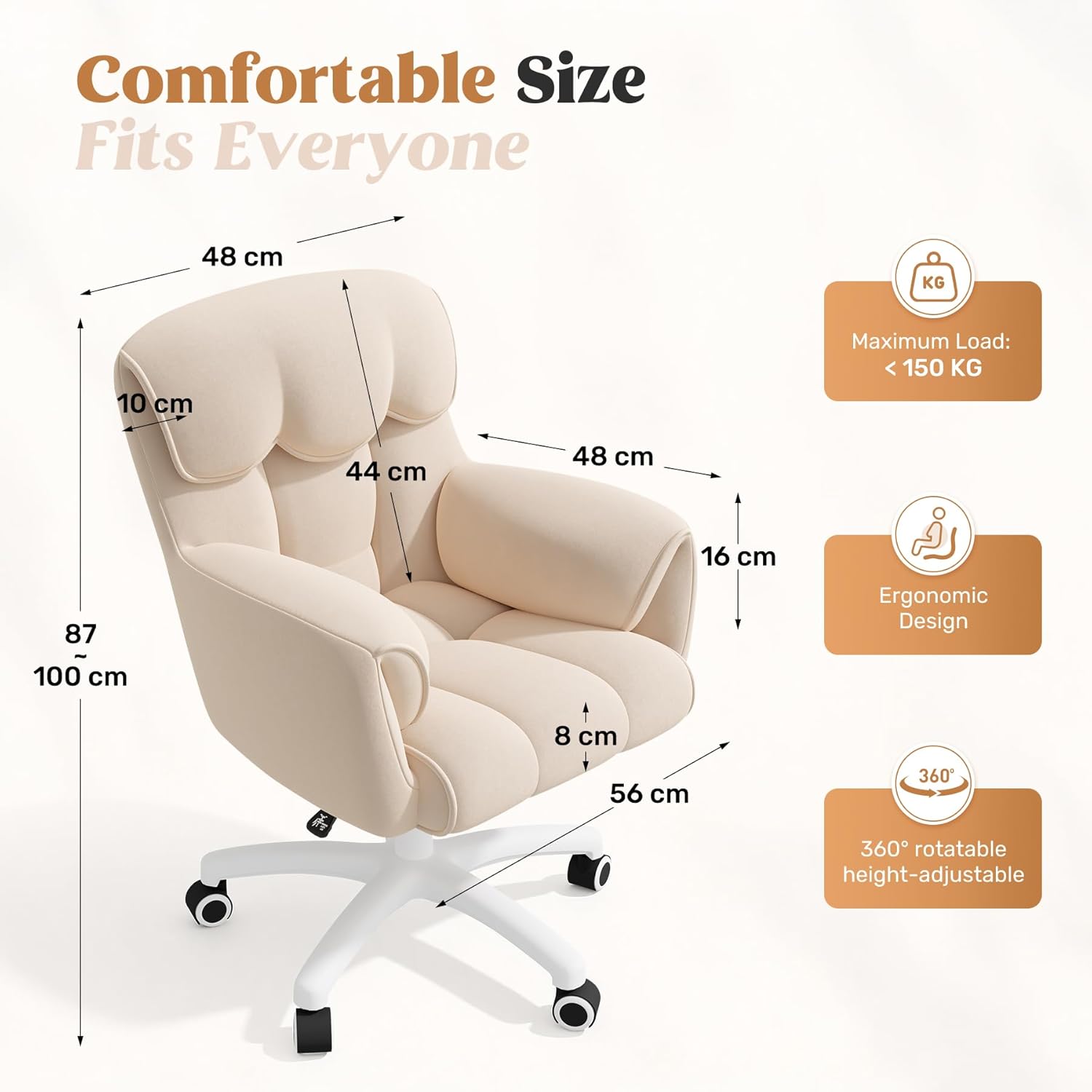Ergonomischer Bürostuhl, höhenverstellbarer Schreibtischstuhl mit Armlehnen, 360° drehbar, Samtbezug, für Home Office und Büro, belastbar bis 150 kg, Beige – Bild 2