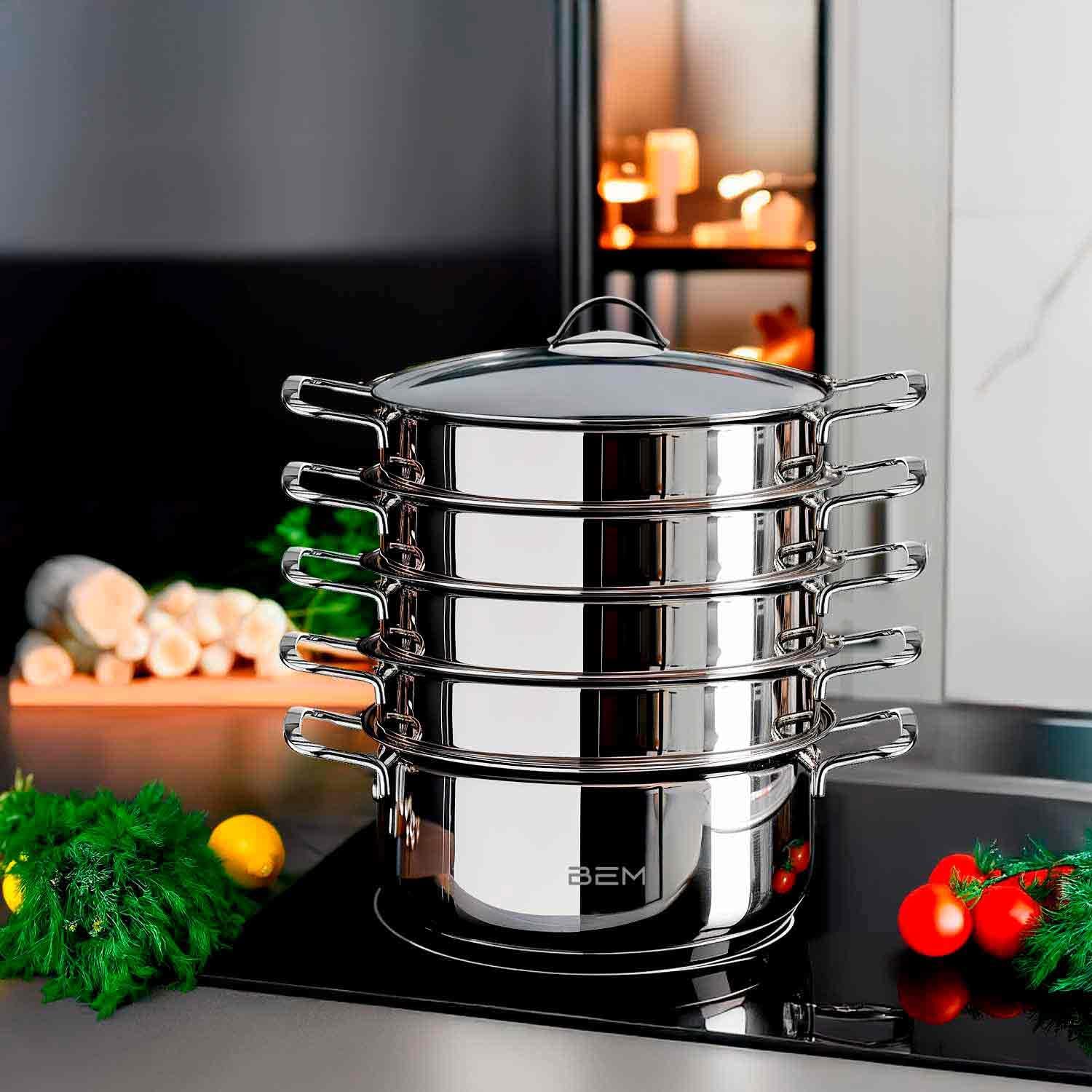BEM Mantowarka Dampfgartopf mit Glasdeckel und Dampfeinsatz, induktionsgeeignet, 6er-Set, Edelstahl 18/10, Durchmesser 28 cm – Bild 2