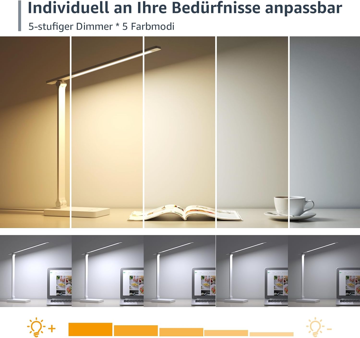 Lepro Schreibtischlampe, LED-Tischlampe, dimmbar, Nachttischlampe, 800 lm, 3 Farben und 5 Helligkeitsstufen, Tageslichtlampe, Augenschutz, Tischlampe, Schreibtischlampe für Kinder, Büro, Weiß – Bild 2