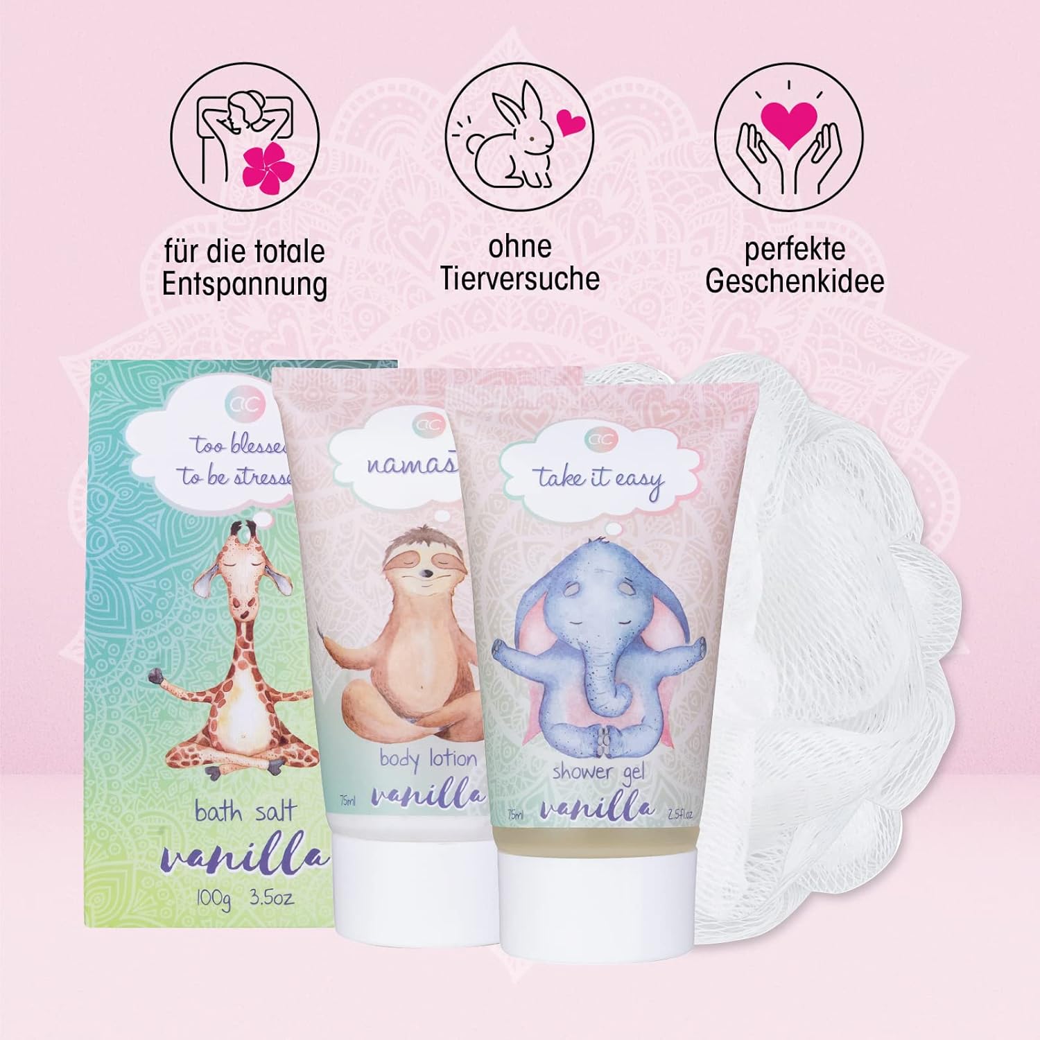 Accentra Anti-Stress Bade- und Duschset mit Vanilleduft, Geschenkset zur Entspannung für Frauen zum Geburtstag oder Weihnachten, 5-teiliges Wellness-Geschenk- und Pflegeset mit Mini-Deko-Badewanne – Bild 4