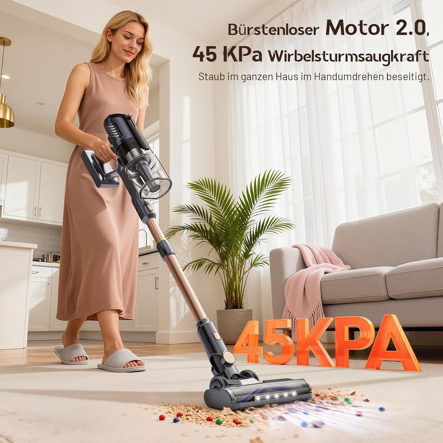 Akku-Staubsauger 45000Pa, 60 Min., nur 1,9 kg, 6-in-1-Staubsauger kabellos mit LED-Leuchten, Anti-Tangle-Bürste & Ladestation, 99,9 % Filterleistung für Tierhaare, Teppiche, Hartböden – Bild 2