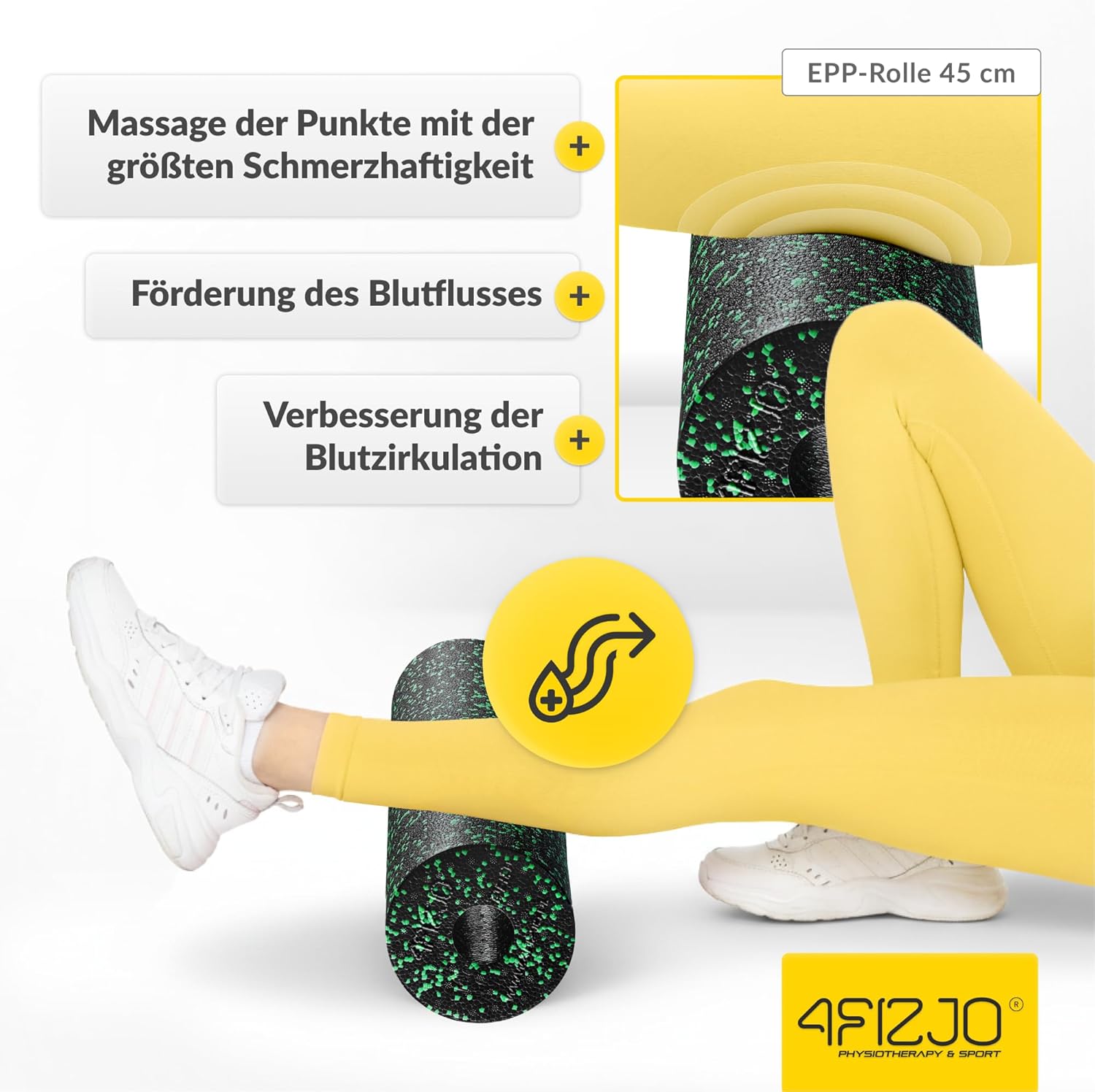 4FIZJO Faszienrolle Schaumstoff, Durchmesser 14,5 cm, Länge 45 cm, Massagerolle, Rückenrolle, Fitnessrolle, leicht, hart, Schaumstoffrolle, Faszientraining, Massagetraining, Schwarz/Grün – Bild 5