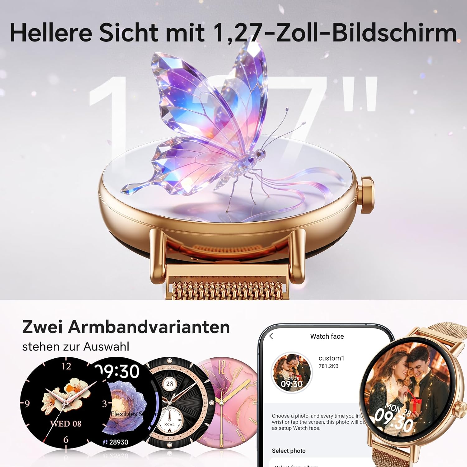 Gydom Runde Smartwatch für Damen, 1,27 Zoll, Smartwatch mit Telefonfunktion, Fitnessuhr mit SpO2, Herzfrequenz, Stress, Kalorien, Schlaf, Schrittzähler, 100+ Sportmodi, IP68, wasserdichte Sportuhr für iOS – Bild 2