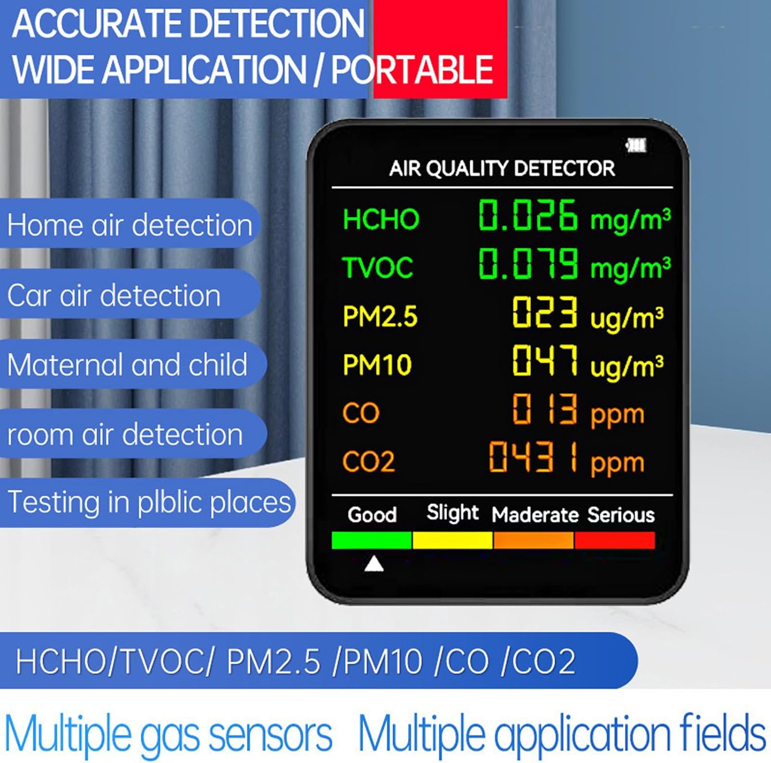 lyrlody Luftqualitätsmonitor zur Überwachung der Luftqualität, Luftqualitätsmessgerät mit LCD-Hintergrundbeleuchtung und CO₂-TVOC-HCHO-PM2,5-PM10-Messung für die Prüfung der Luftqualität in Innenräumen (schwarz) – Bild 4