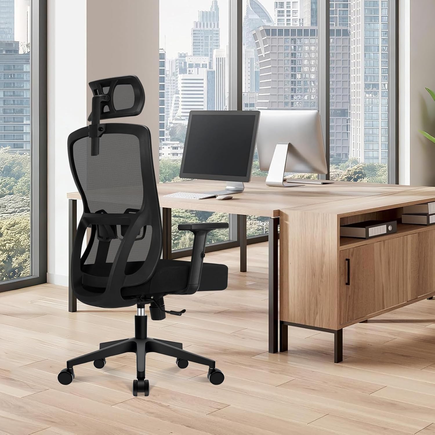 Durrafy Ergonomischer Bürostuhl, Schreibtischstuhl mit hoher Rückenlehne, verstellbarer Lordosenstütze, Kopfstütze & Armlehnen, Drehstuhl mit Liegefunktion, Bürostuhl bis 150 kg belastbar, Schwarz – Bild 2