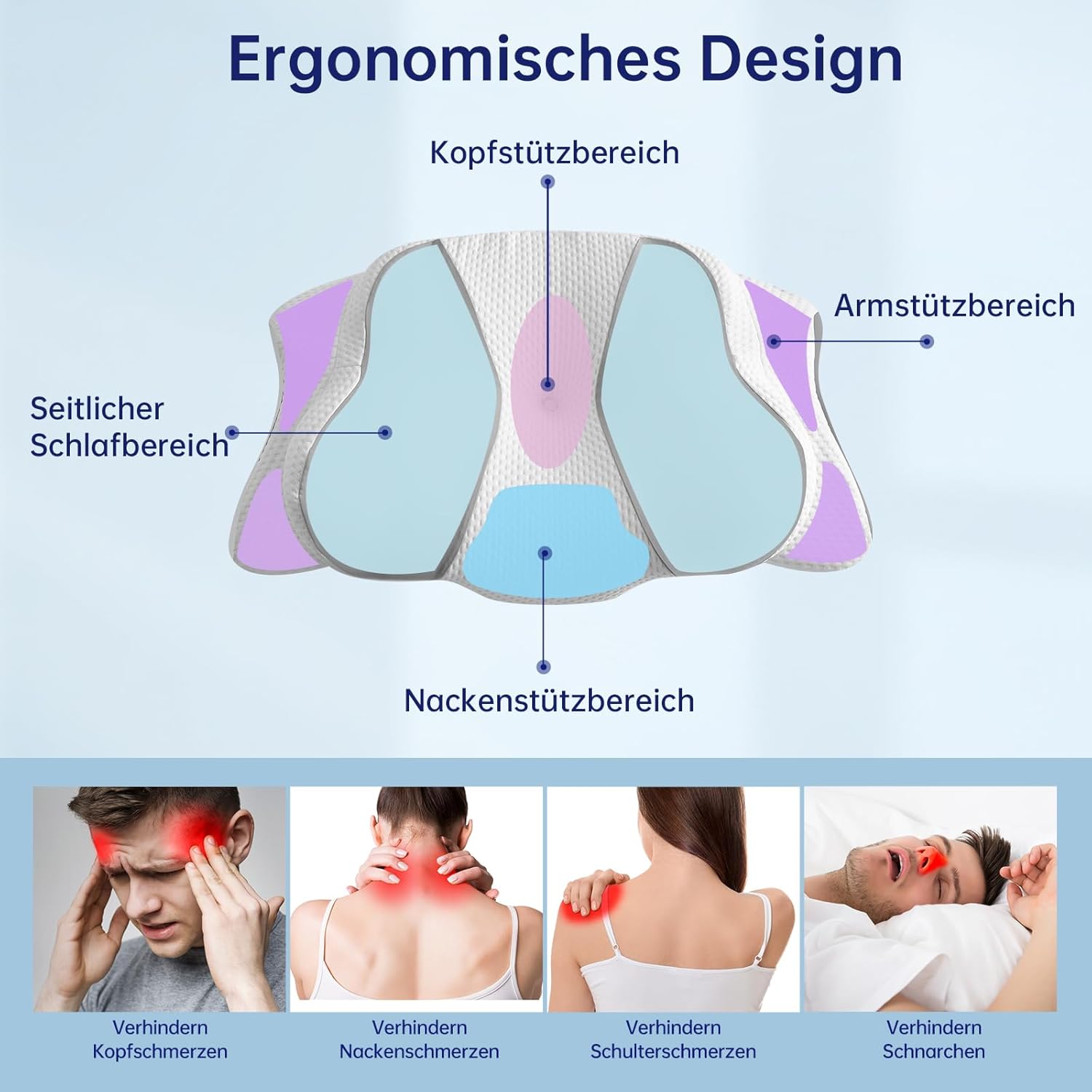 Orthopädisches Kissen mit Memory-Schaum, Anti-Schnarch-Kissen, Nackenstützkissen, ergonomisches Kissen, Schlafkissen für Seitenschläfer, Rückenschläfer und Bauchschläfer (grau) – Bild 2