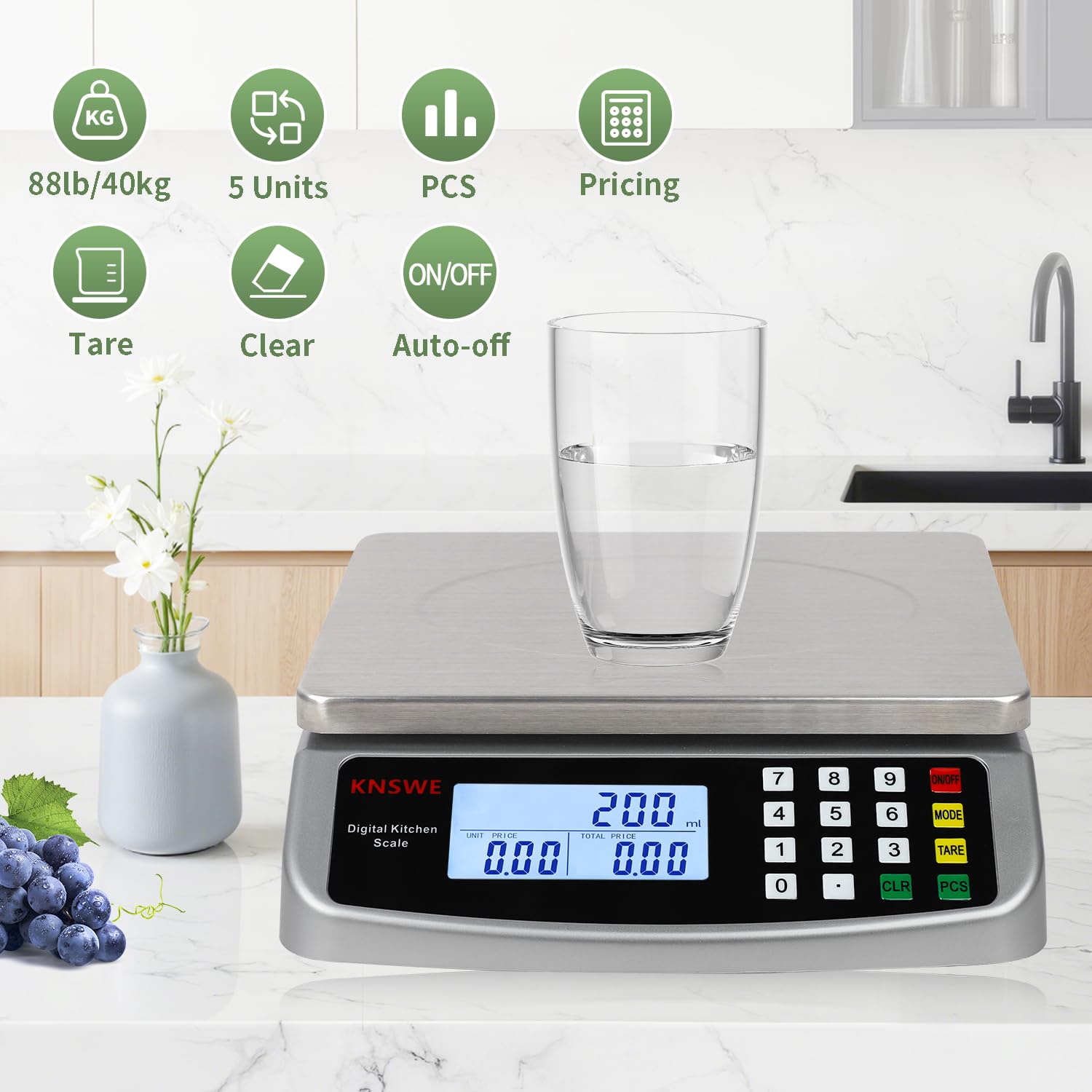Küchenwaage 40 kg/1G, professionelle digitale Küchenwaage, große Edelstahl-Lebensmittelwaage, Obstwaage mit Tara-Funktion, PCS-Zählwaage, LCD-Display und 5 Maßeinheiten, Silber – Bild 5