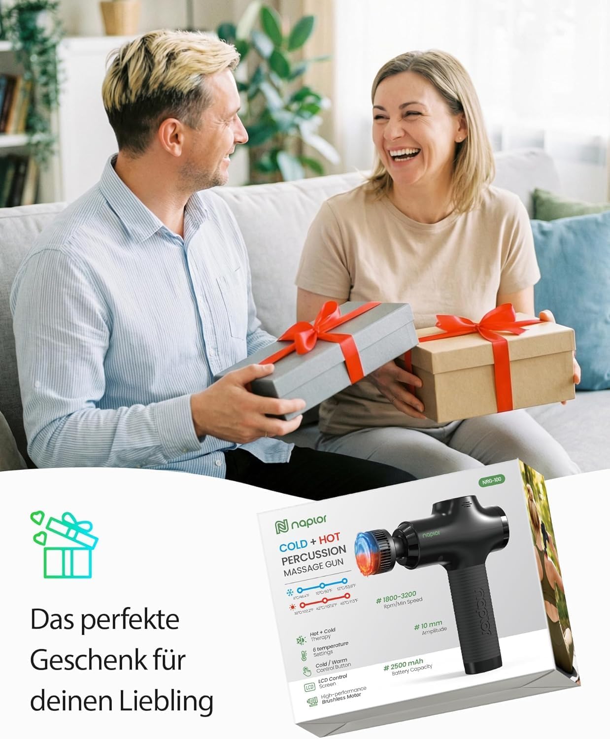 Massagepistole mit Wärme und Kälte, Naplor Massagepistole Muskel-Percussion-Massagegerät 10 mm für tiefe Gewebeentspannung, LCD-Display, 5 Köpfe & 5 Ebenen, für Nacken, Rücken, Schulter, inklusive Tasche – Bild 11
