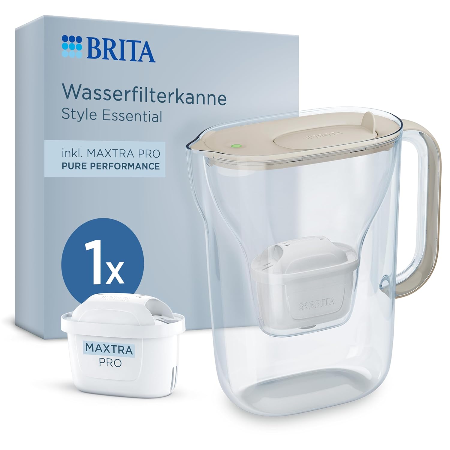 BRITA Style Essential Sand Wasserfilterkanne (2,4 l) inklusive 1 x Maxtra Pro Pure Performance – kühlschranksichere Filterkanne mit Smart Light LED und Klappdeckel, filtert Verunreinigungen und mehr