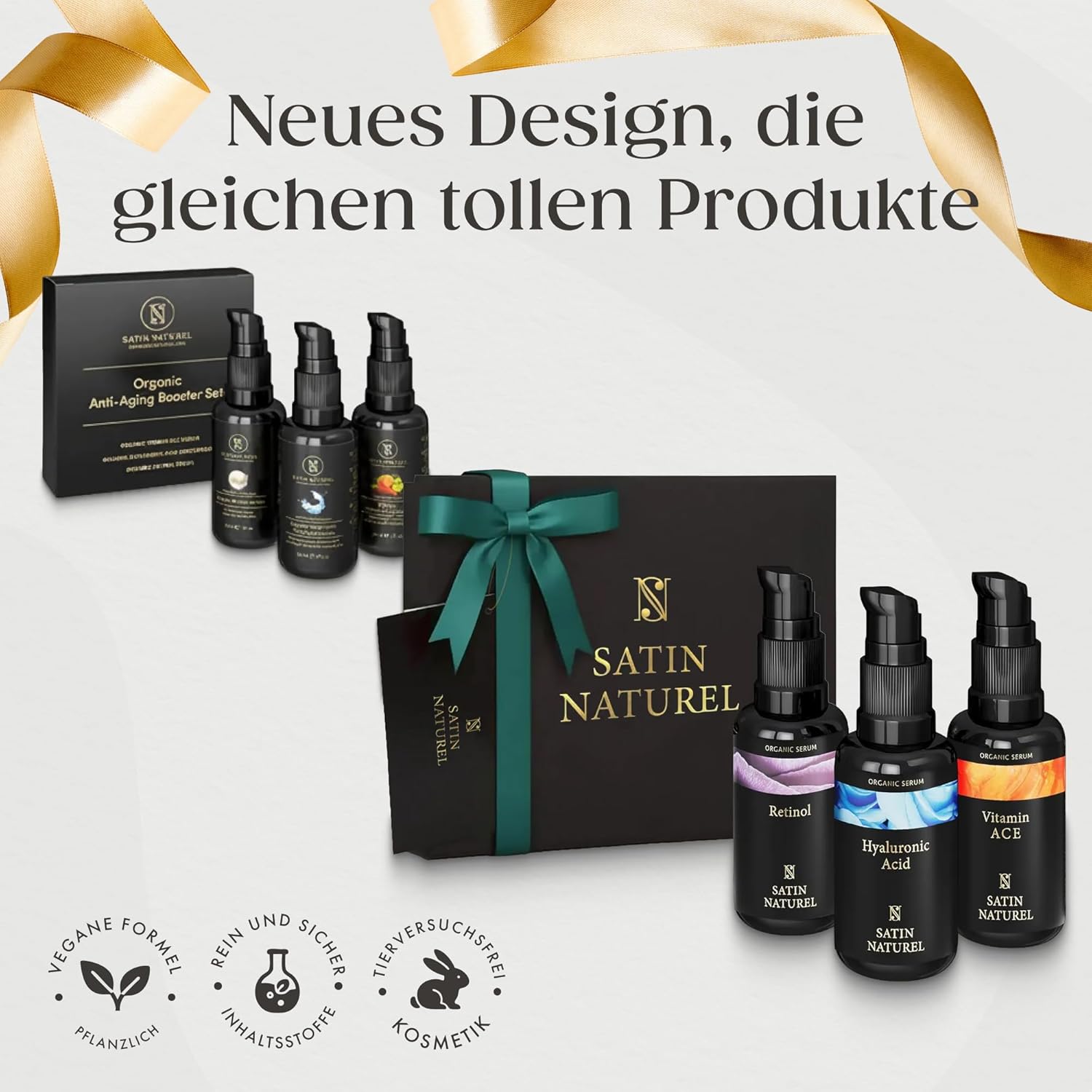 Satin Naturel Luxus-Geschenke für Frauen – 3 x 30 ml Serum-Set mit Retinol, Hyaluron und Vitamin C – vegane Gesichtspflege in luxuriöser Geschenkbox – Beauty-Hautpflege-Set für Geburtstag und besondere Anlässe – Bild 2